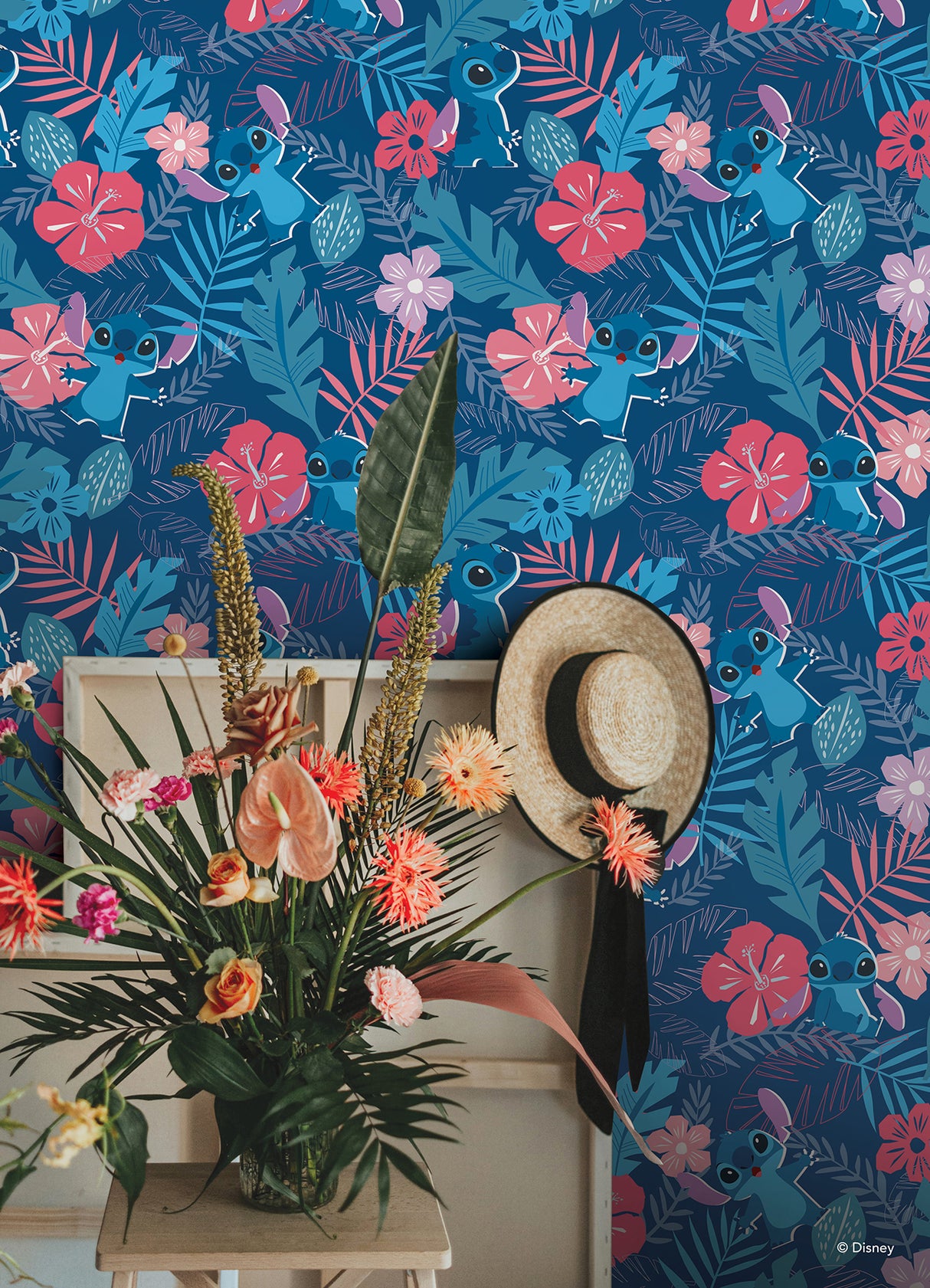 Disney Stitch Tropical Flowers Blue Officially Licensed Kids Tropical Floral Peel and Stick Wallpaper by RoomMates - RMWS1265