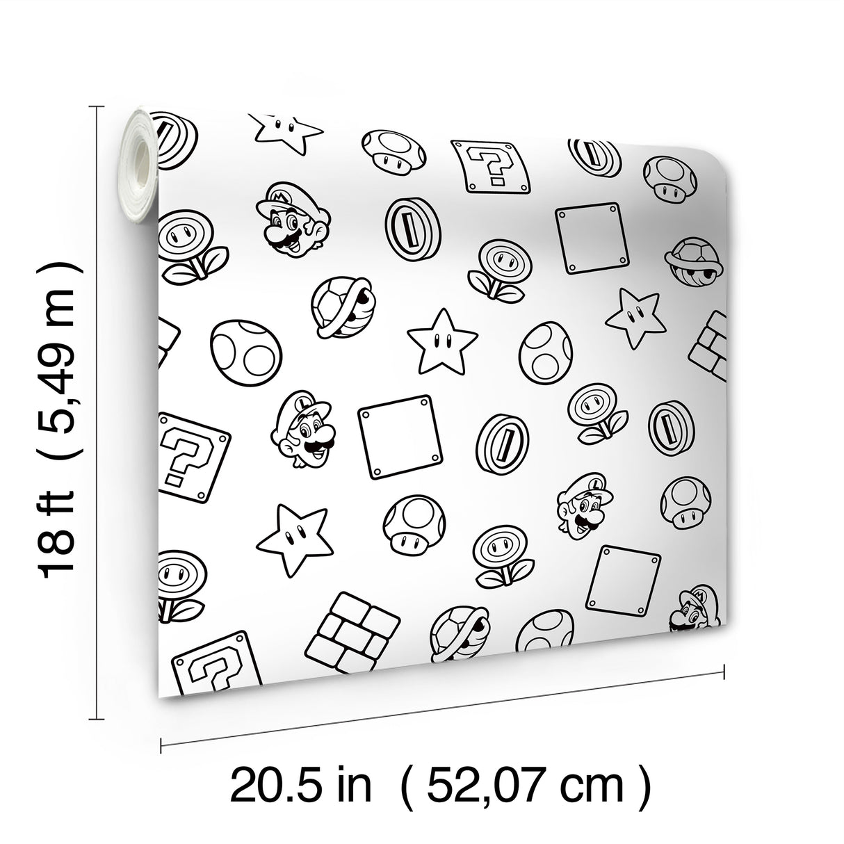 Nintendo Super Mario Power Up Icons Black and White Peel and Stick Wallpaper by RoomMates Licensed Nintendo Kids Room RMWS1268