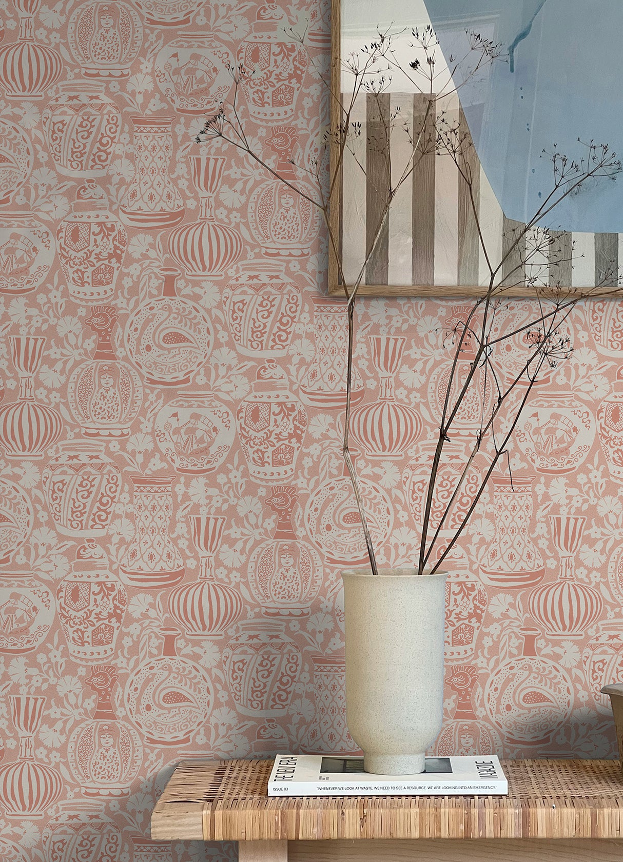Delft Pottery Peach Peel and Stick Wallpaper Pink White Artful Porcelain Vase Global Modern Fully Removable Vinyl Wallpaper RoomMates - RMWS1275