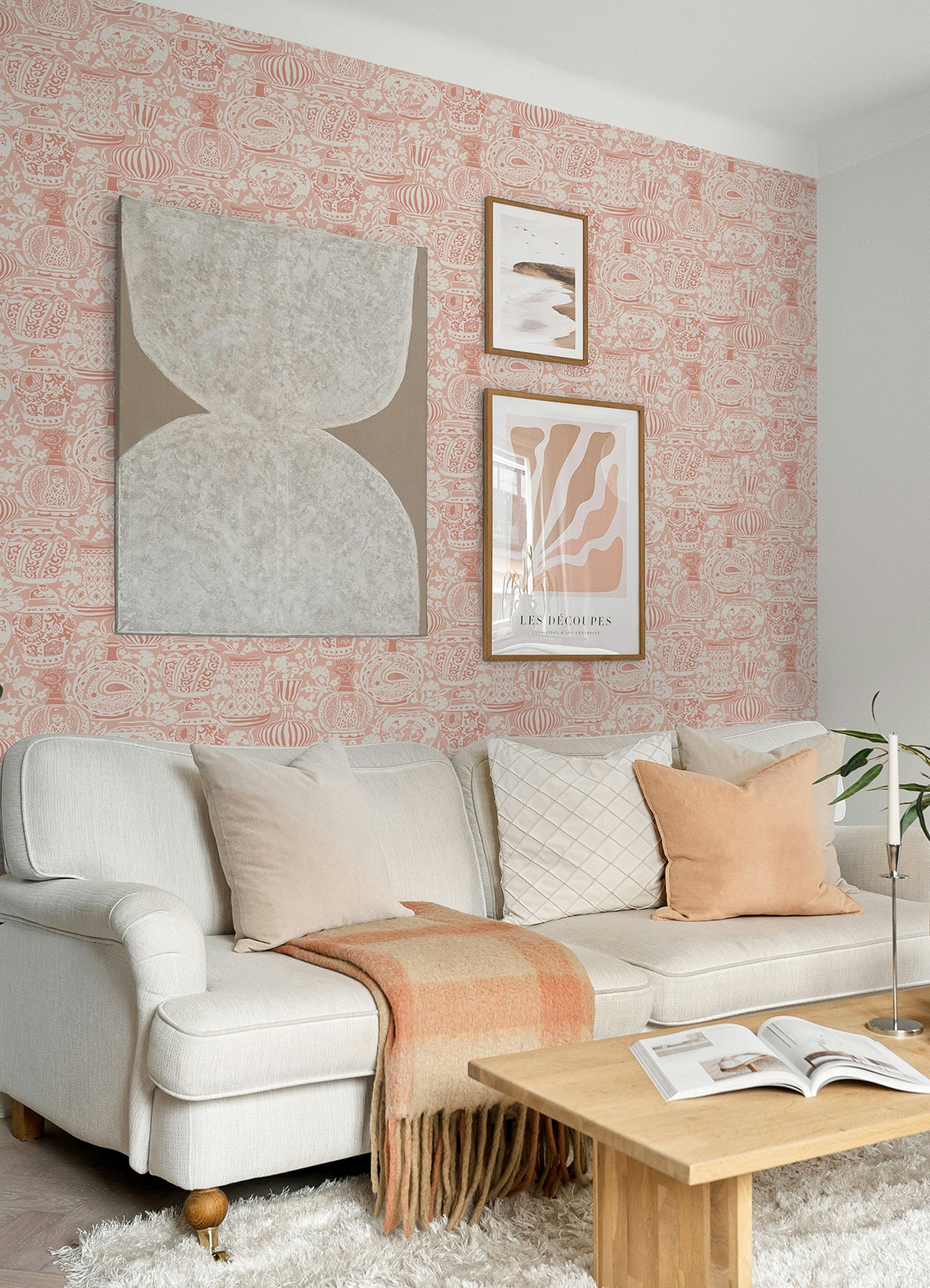 Delft Pottery Peach Peel and Stick Wallpaper Pink White Artful Porcelain Vase Global Modern Fully Removable Vinyl Wallpaper RoomMates - RMWS1275