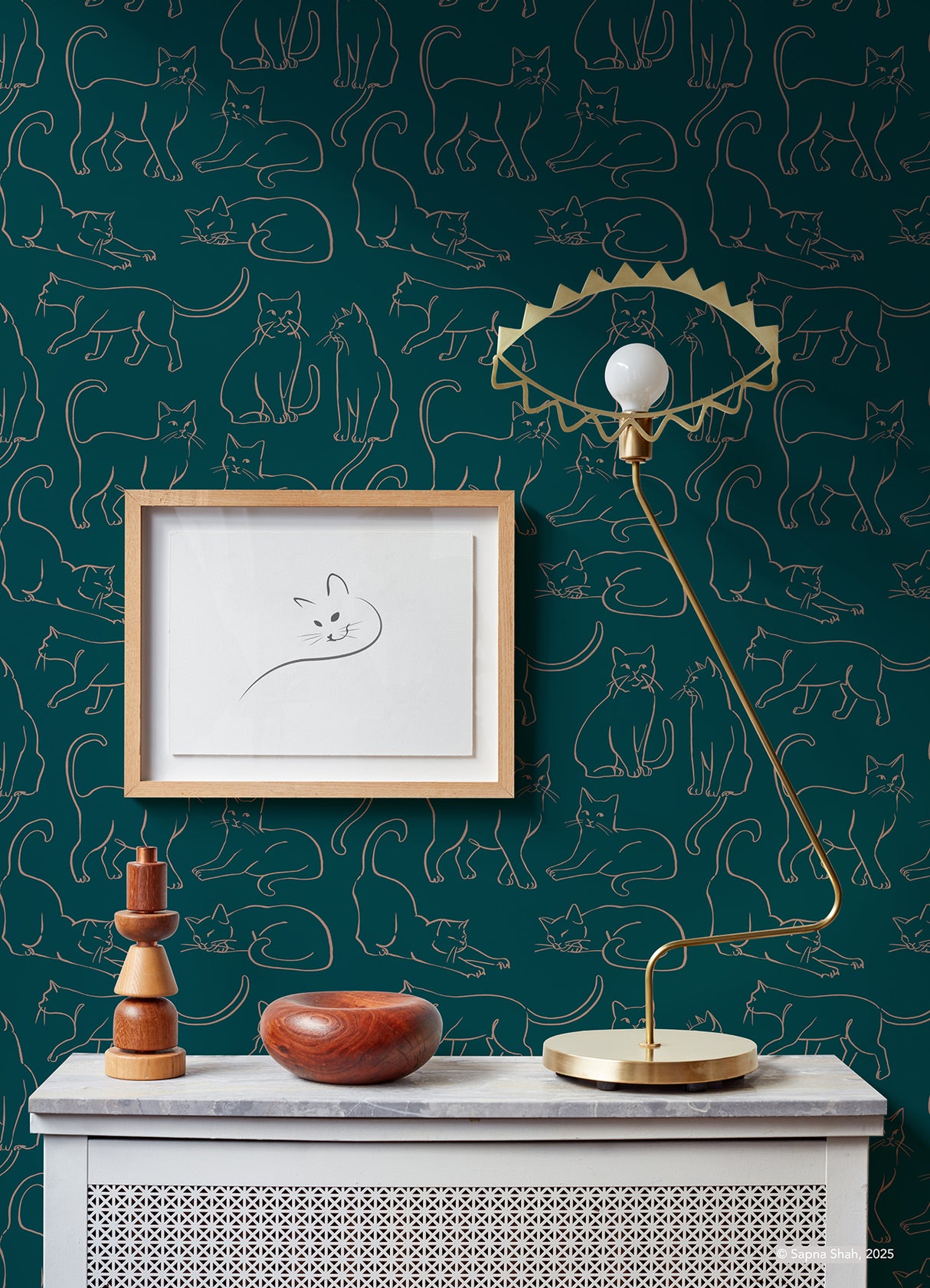 Cat Poses Emerald by RoomMates Whimsical Green and Pink Feline Line Art Novelty Animal Peel and Stick Wallpaper Roll 20.5 in x 18 ft - RMWS1276
