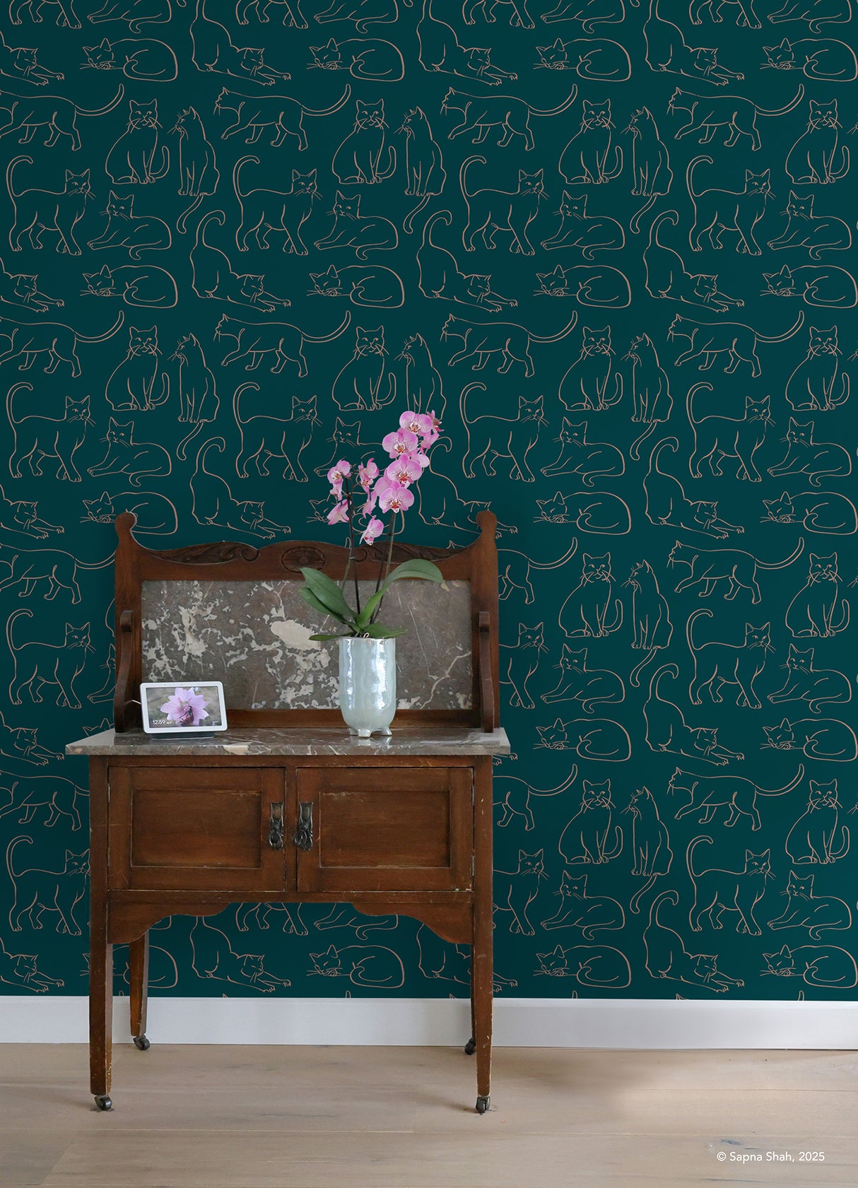 Cat Poses Emerald by RoomMates Whimsical Green and Pink Feline Line Art Novelty Animal Peel and Stick Wallpaper Roll 20.5 in x 18 ft - RMWS1276