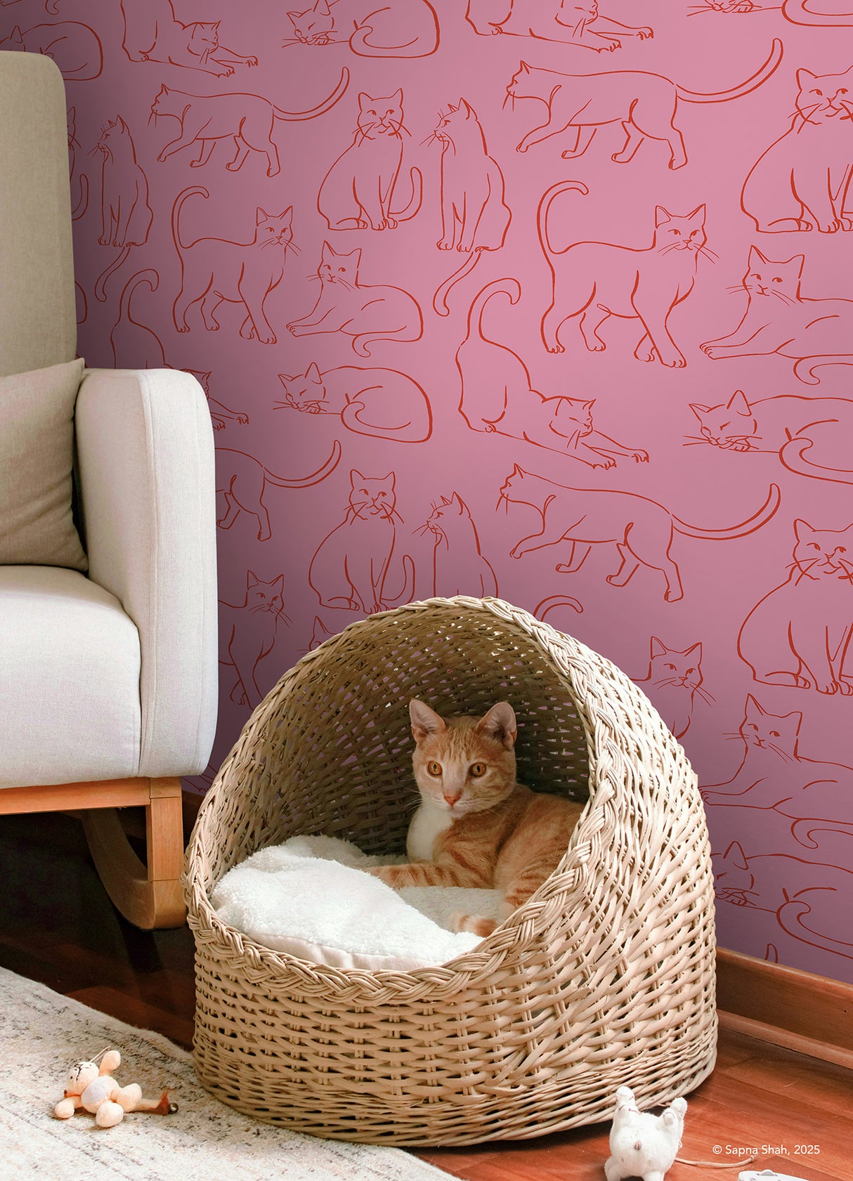 Cat Poses Pink by RoomMates Whimsical Red Linework Feline Illustrations Peel and Stick Wallpaper Perfect for Cat Lovers - RMWS1277