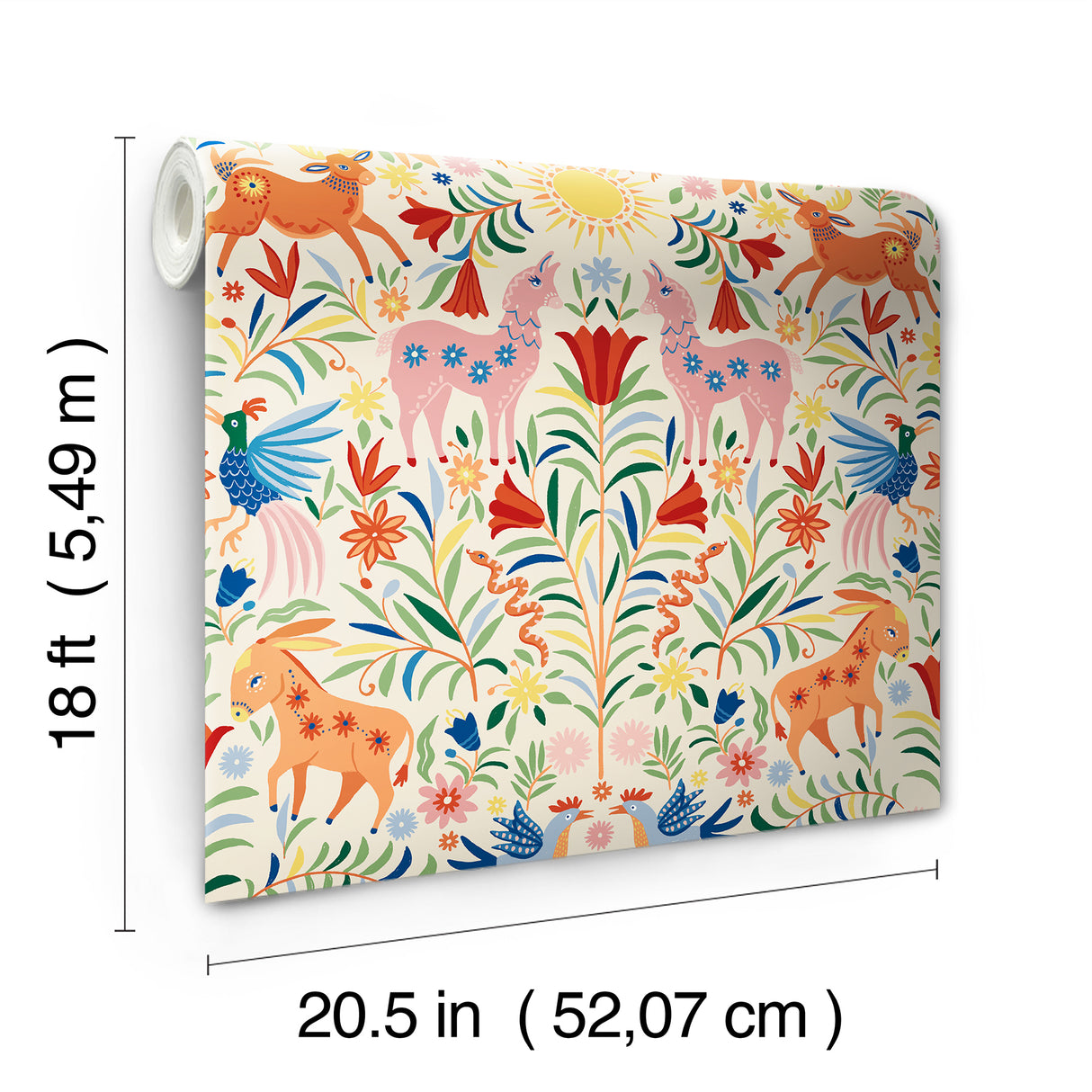 Whimsical Creatures Cream by RoomMates Vibrant Folksy Animals and Colorful Florals Peel and Stick Novelty Wallpaper Design - RMWS1281