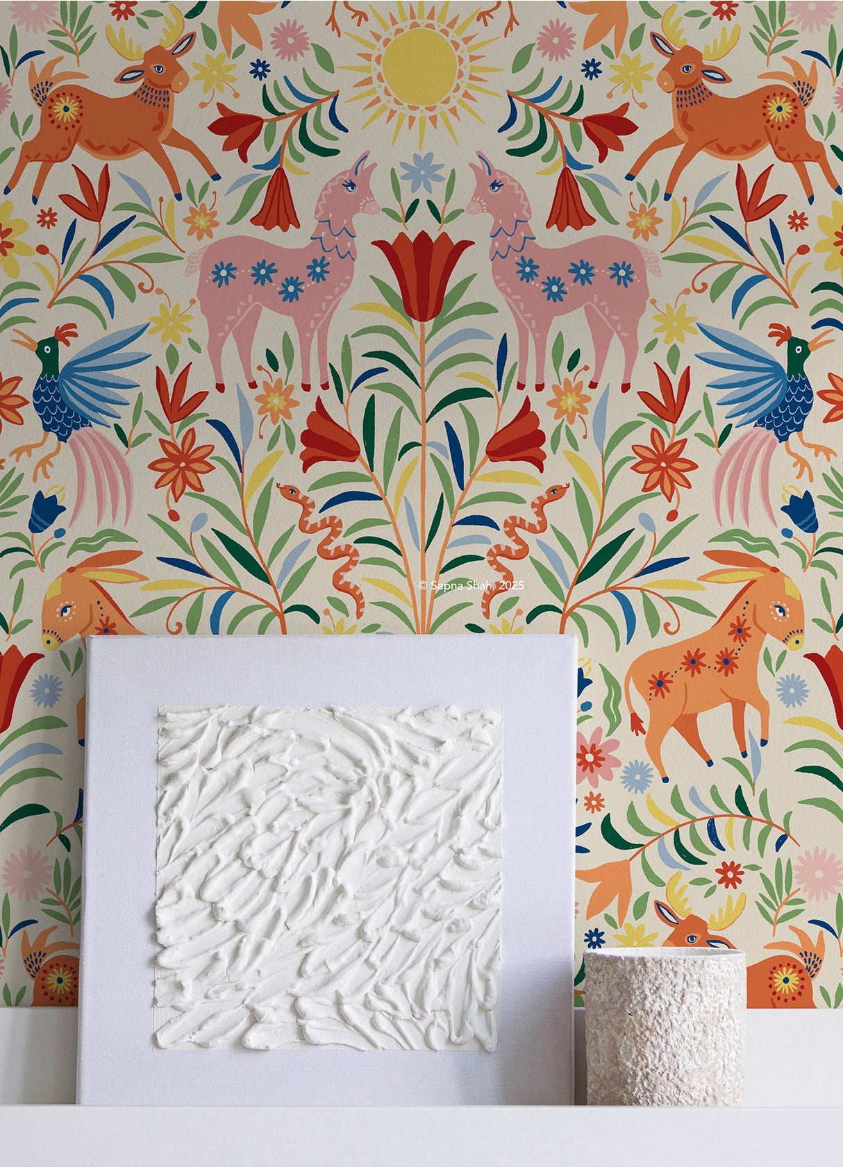 Whimsical Creatures Cream by RoomMates Vibrant Folksy Animals and Colorful Florals Peel and Stick Novelty Wallpaper Design - RMWS1281