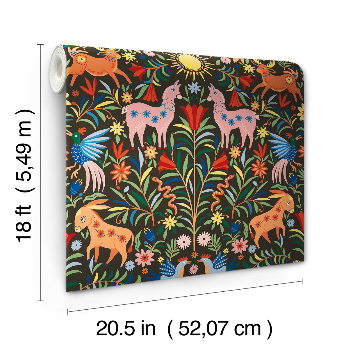 Whimsical Creatures Black Vibrant Folksy Animals Peel and Stick Wallpaper by RoomMates - RMWS1282