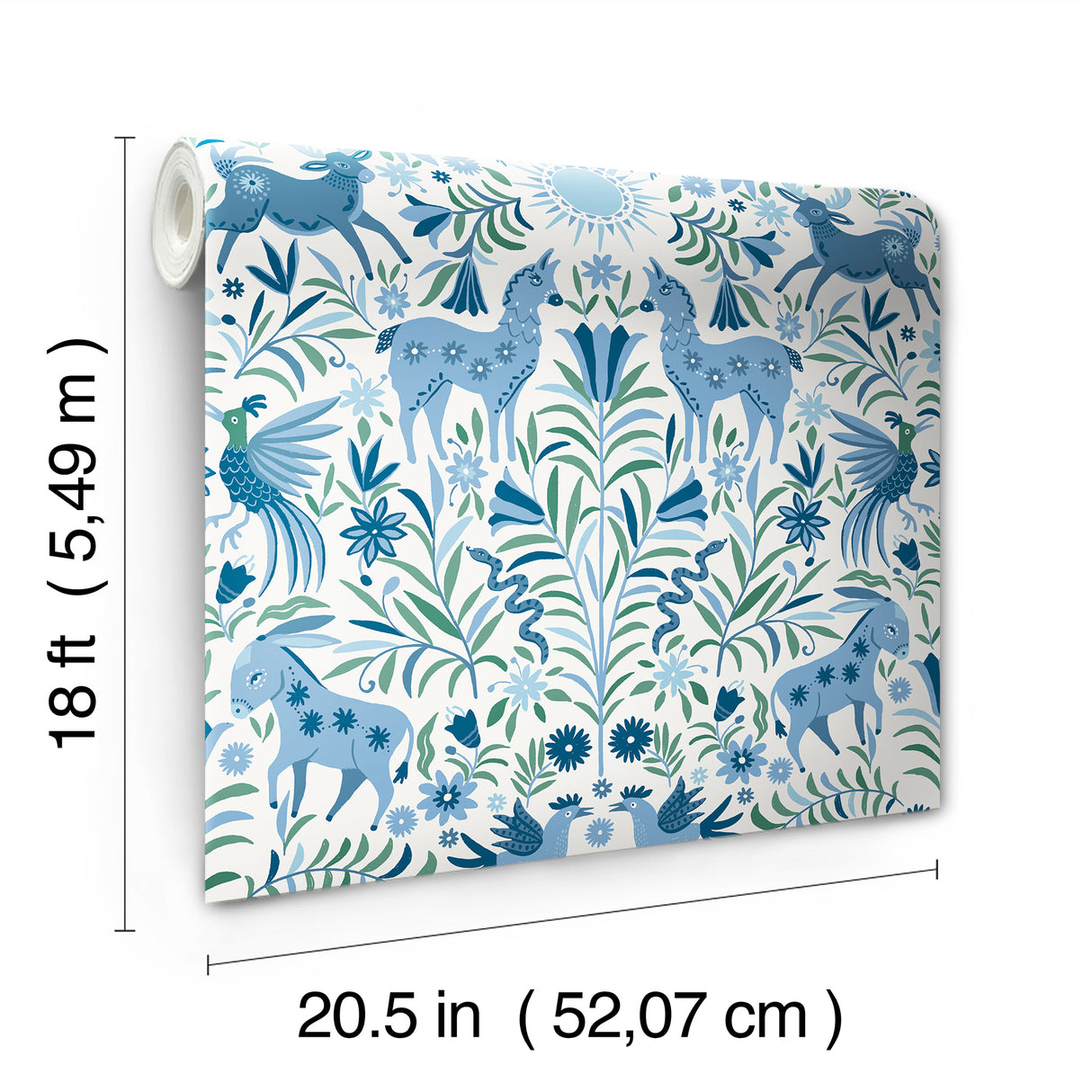 Whimsical Creatures Blue by RoomMates Blue Green White Folksy Animal Botanical Peel and Stick Wallpaper for Any Smooth Surface - RoomMates RMWS1283