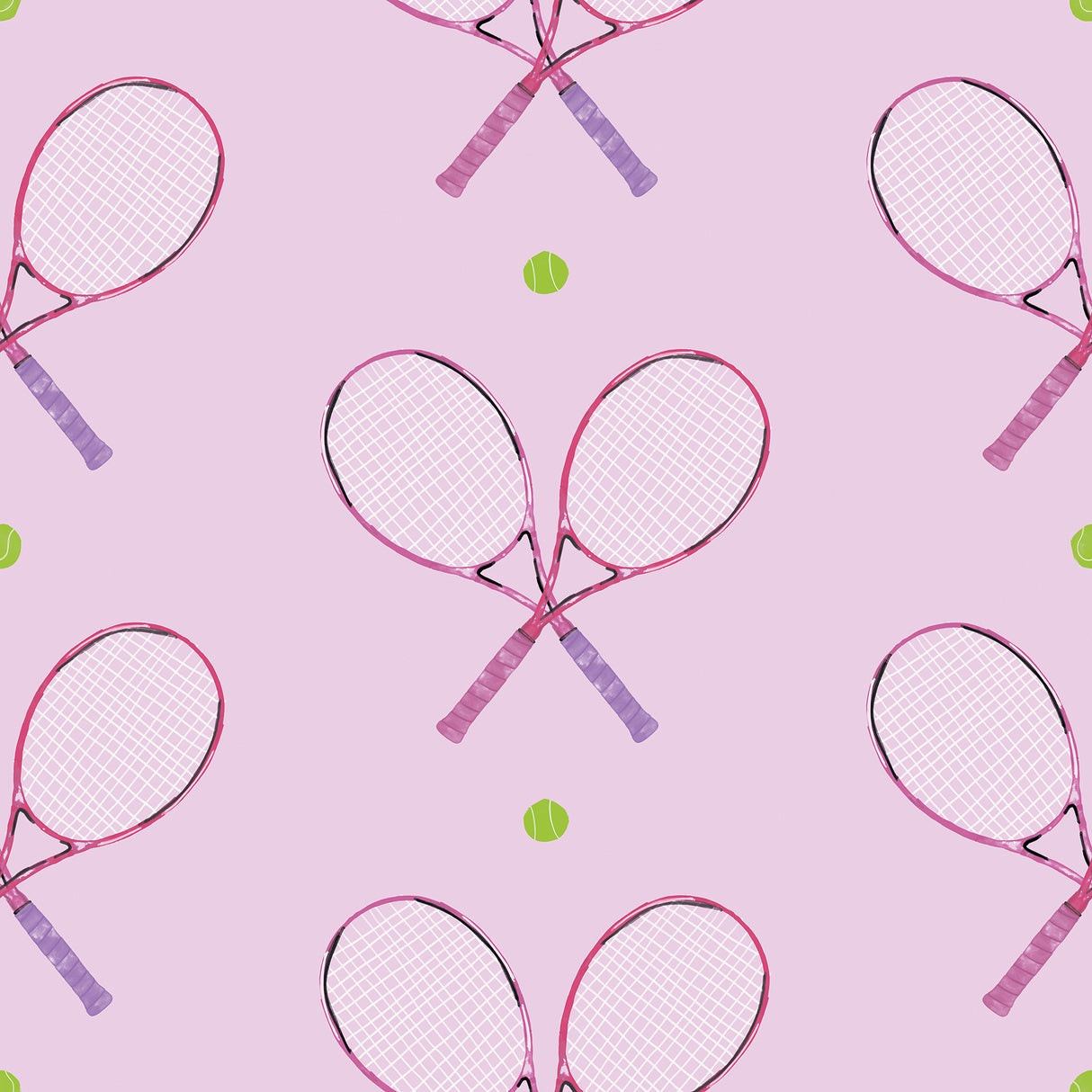 40 Love Pink Peel and Stick Wallpaper by RoomMates featuring crossed tennis rackets and tennis balls on a light pink background - RMWS1284