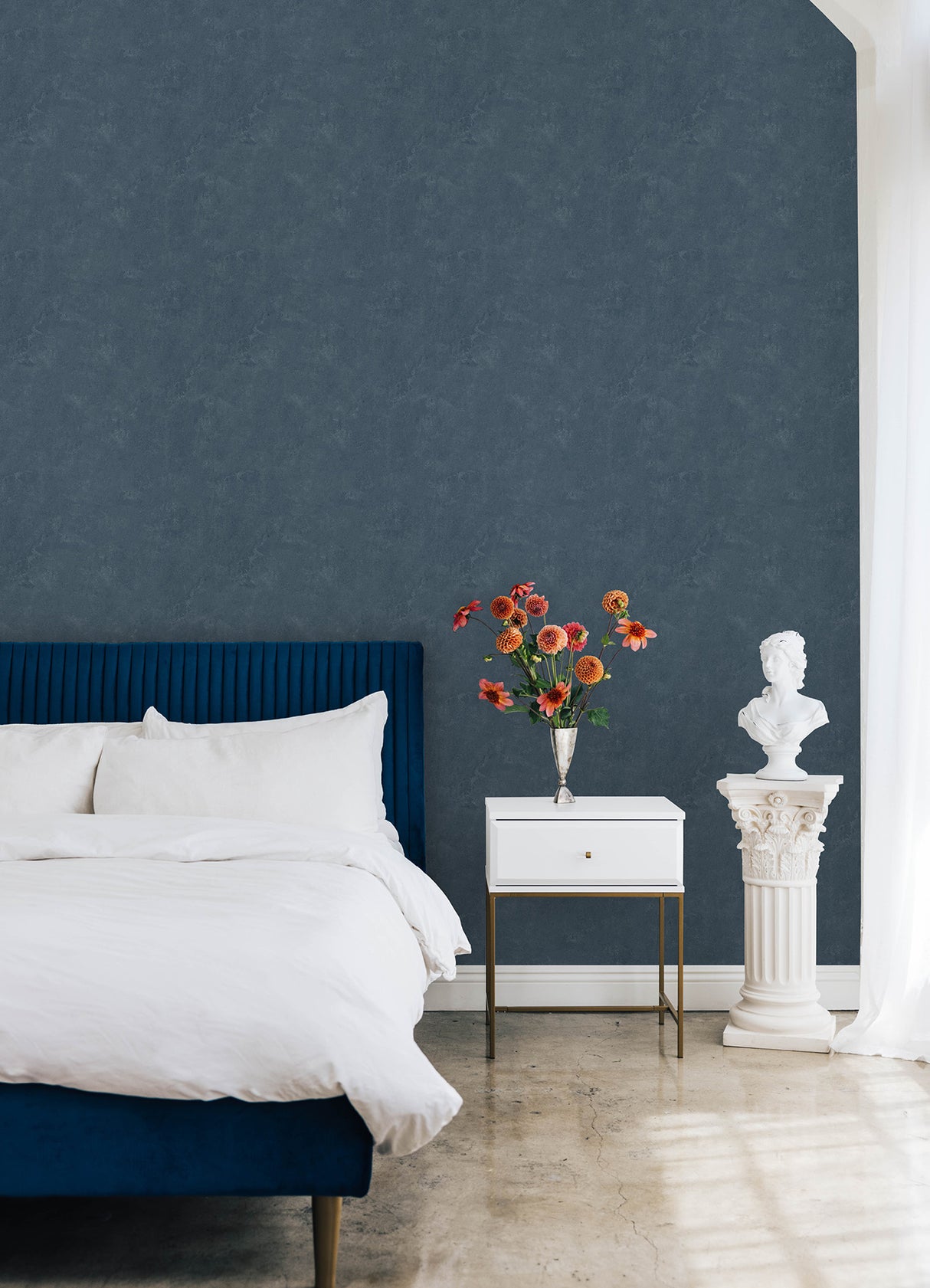 Daphne Limewash Moody Blue by RoomMates Fully Removable Peel and Stick Vinyl Texture Pattern Wallpaper from the Mr. Kate Collection - RMWS1310