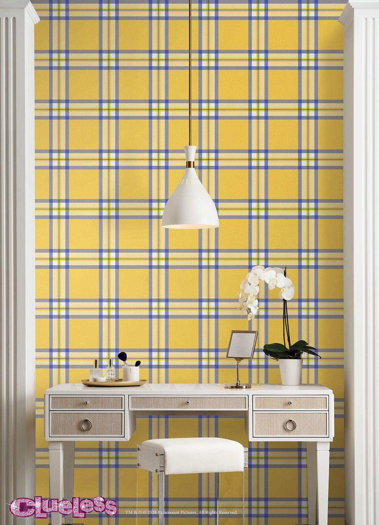 Clueless Cher Yellow Peel and Stick Wallpaper by RoomMates Iconic 90s Plaid Licensed Design Celebrate the 30th Anniversary - RMWS1323