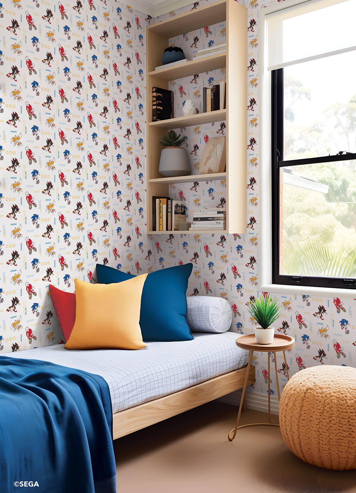Sonic The Hedgehog Lets Roll Blue and White by RoomMates Officially Licensed Peel and Stick Kids Wallpaper - RMWS1332