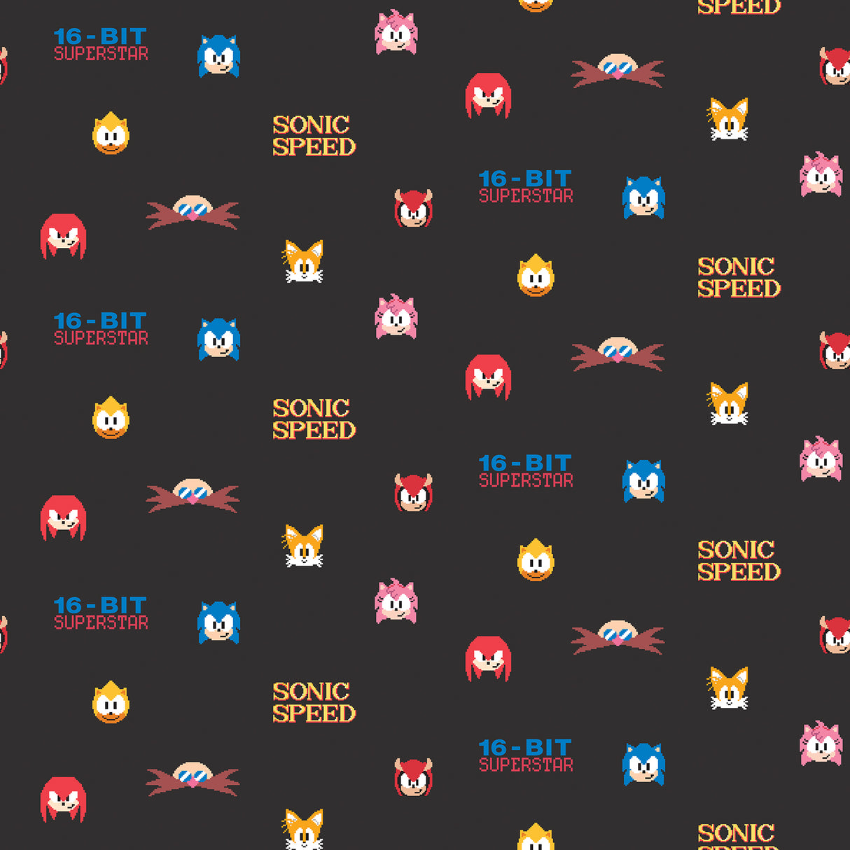 Sonic The Hedgehog 16-Bit Superstar Retro Peel and Stick Wallpaper featuring pixel art faces of Sonic, Tails, Knuckles, Amy and more on a black background with Sonic Speed and 16-Bit Superstar text by RoomMates RMWS1333