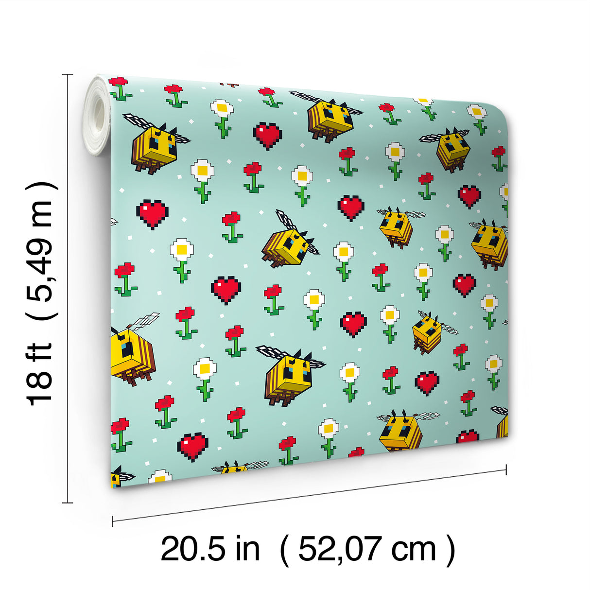 Minecraft Busy Bee Blue by RoomMates Officially Licensed Pixelated Bees Flowers and Hearts Peel and Stick Wallpaper - RMWS1339