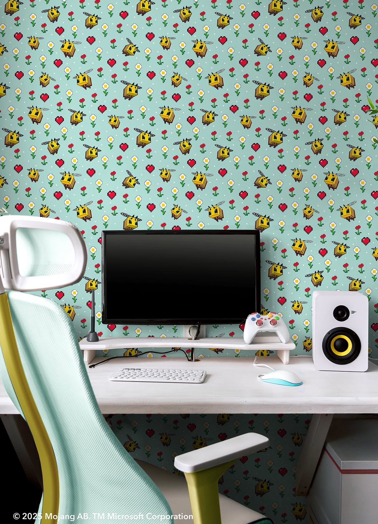 Minecraft Busy Bee Blue by RoomMates Officially Licensed Pixelated Bees Flowers and Hearts Peel and Stick Wallpaper - RMWS1339