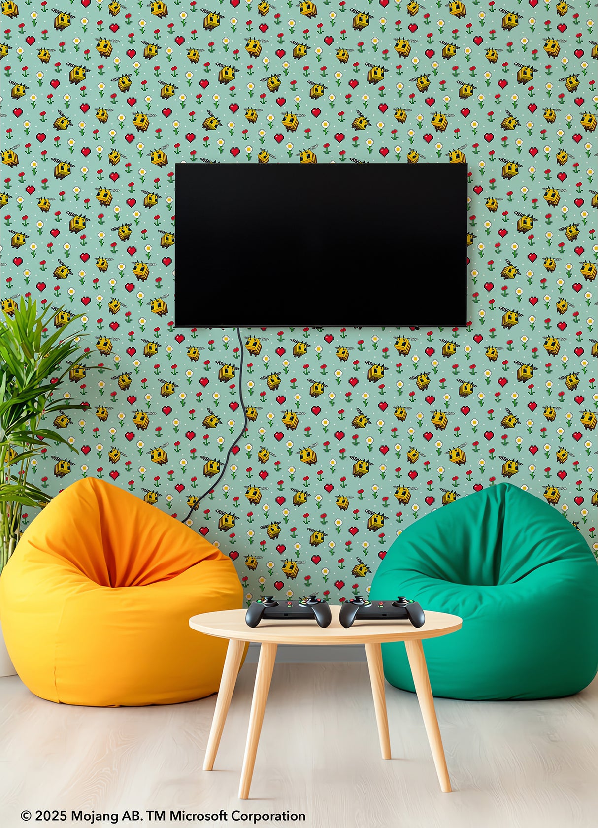 Minecraft Busy Bee Blue by RoomMates Officially Licensed Pixelated Bees Flowers and Hearts Peel and Stick Wallpaper - RMWS1339