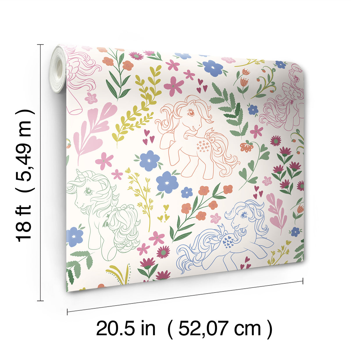 My Little Pony Retro Floral Cream by RoomMates Whimsical Peel and Stick Kids Wallpaper with Retro Ponies and Botanical Florals - RMWS1343