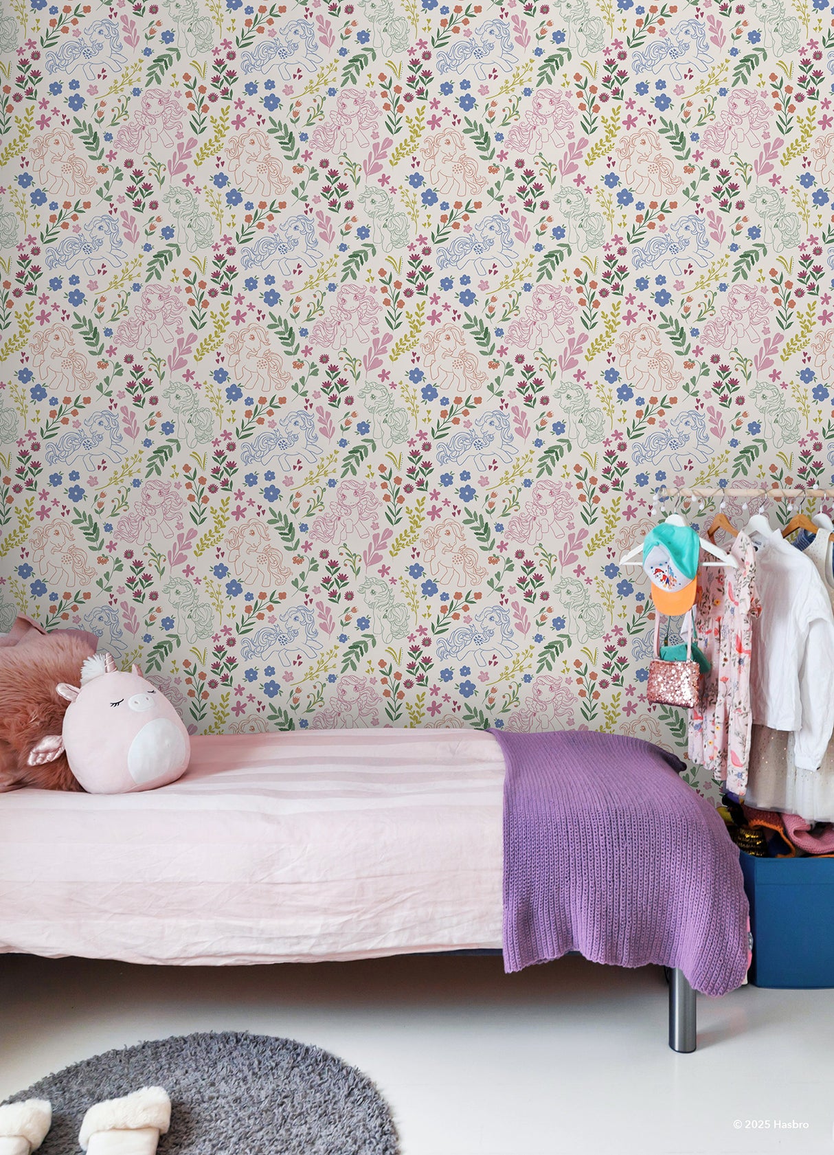 My Little Pony Retro Floral Cream by RoomMates Whimsical Peel and Stick Kids Wallpaper with Retro Ponies and Botanical Florals - RMWS1343