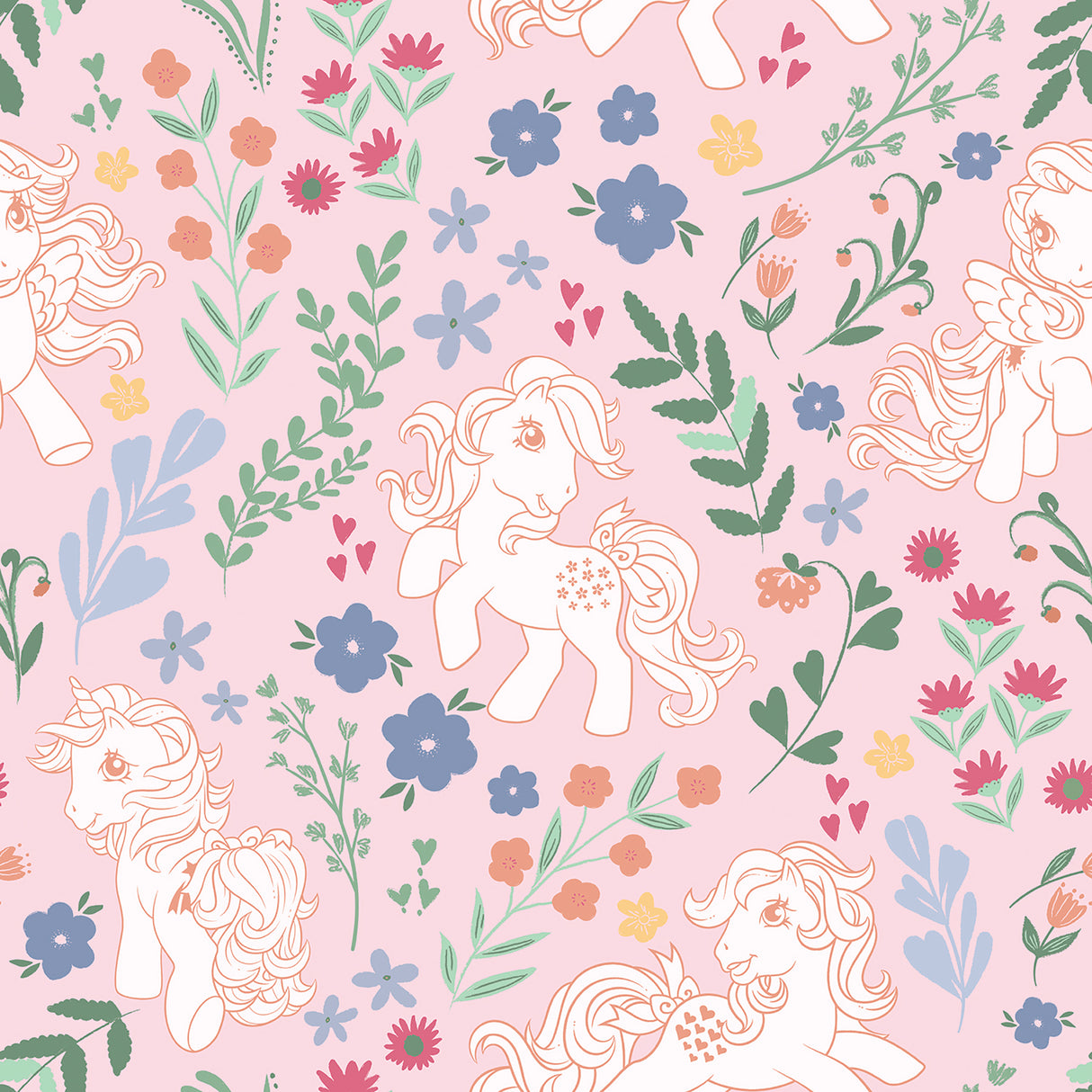 My Little Pony Retro Floral Pink Peel and Stick Wallpaper featuring retro ponies prancing among colorful flowers, hearts and botanicals on a soft pink background by RoomMates RMWS1344