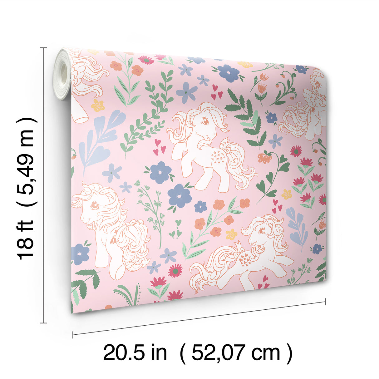My Little Pony Retro Floral Pink by RoomMates Whimsical Kids Peel and Stick Wallpaper with Vintage Ponies Hearts and Botanicals - RMWS1344
