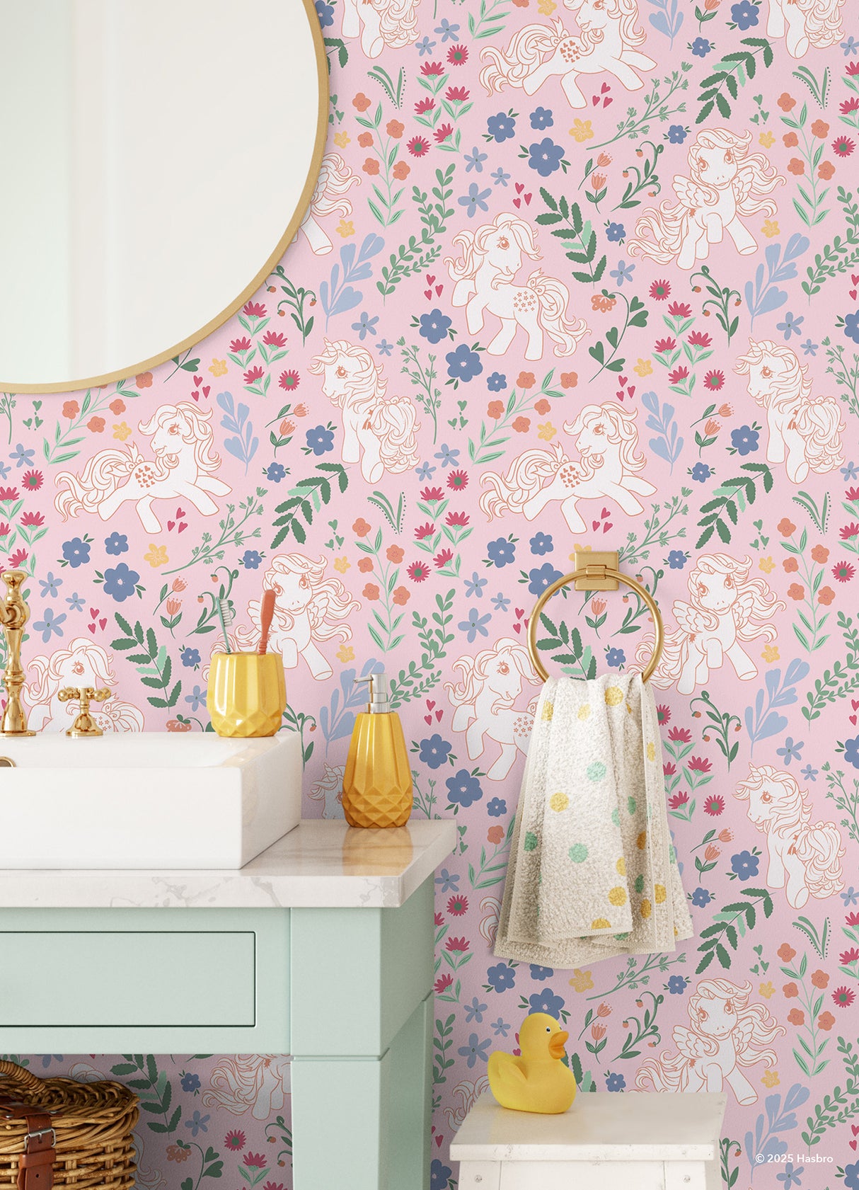 My Little Pony Retro Floral Pink by RoomMates Whimsical Kids Peel and Stick Wallpaper with Vintage Ponies Hearts and Botanicals - RMWS1344