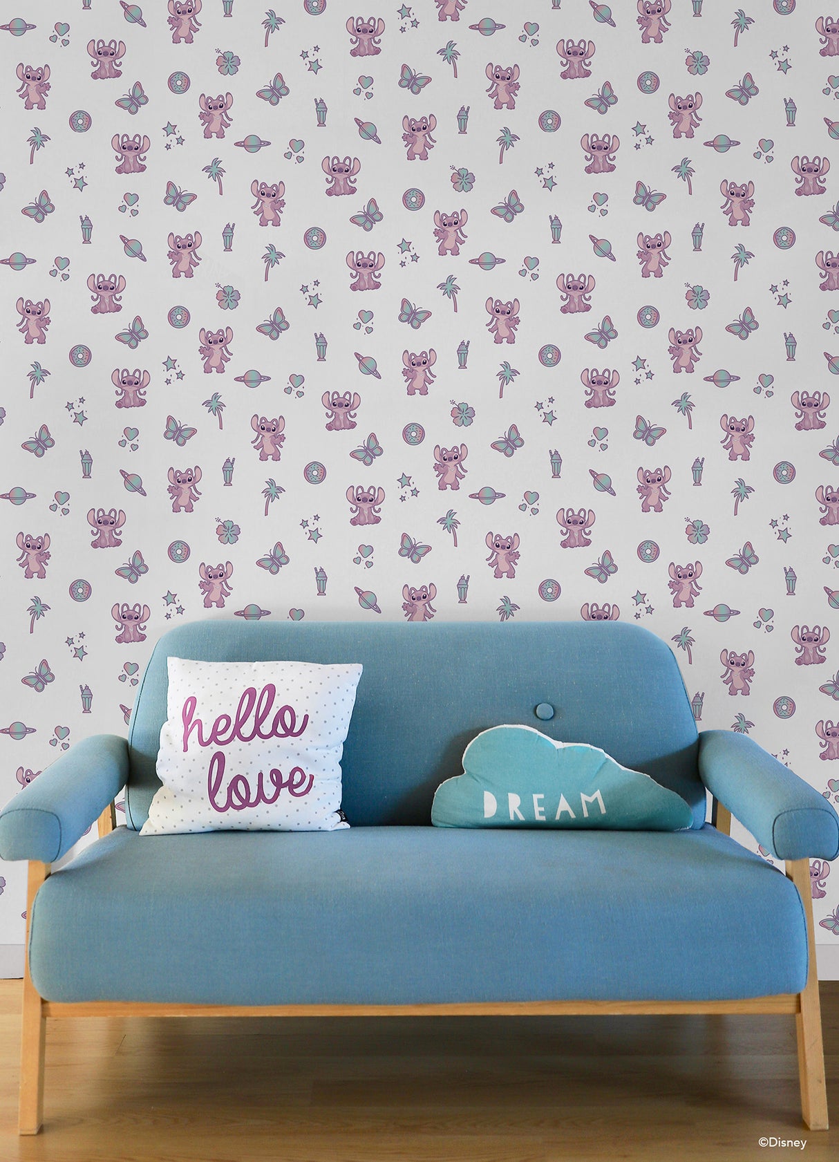 Disney Lilo and Stitch Angel Peel and Stick Wallpaper Pink and White Kids Graphic Pattern with Butterflies and Stars by RoomMates - RMWS1347