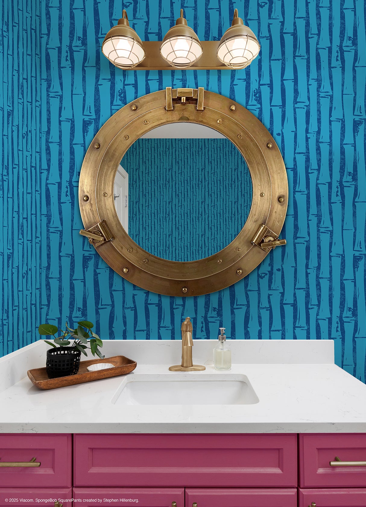 SpongeBob SquarePants Bamboo Blue by RoomMates Playful Kids Tiki Tropical Peel and Stick Fully Removable Vinyl Wallpaper - RMWS1366