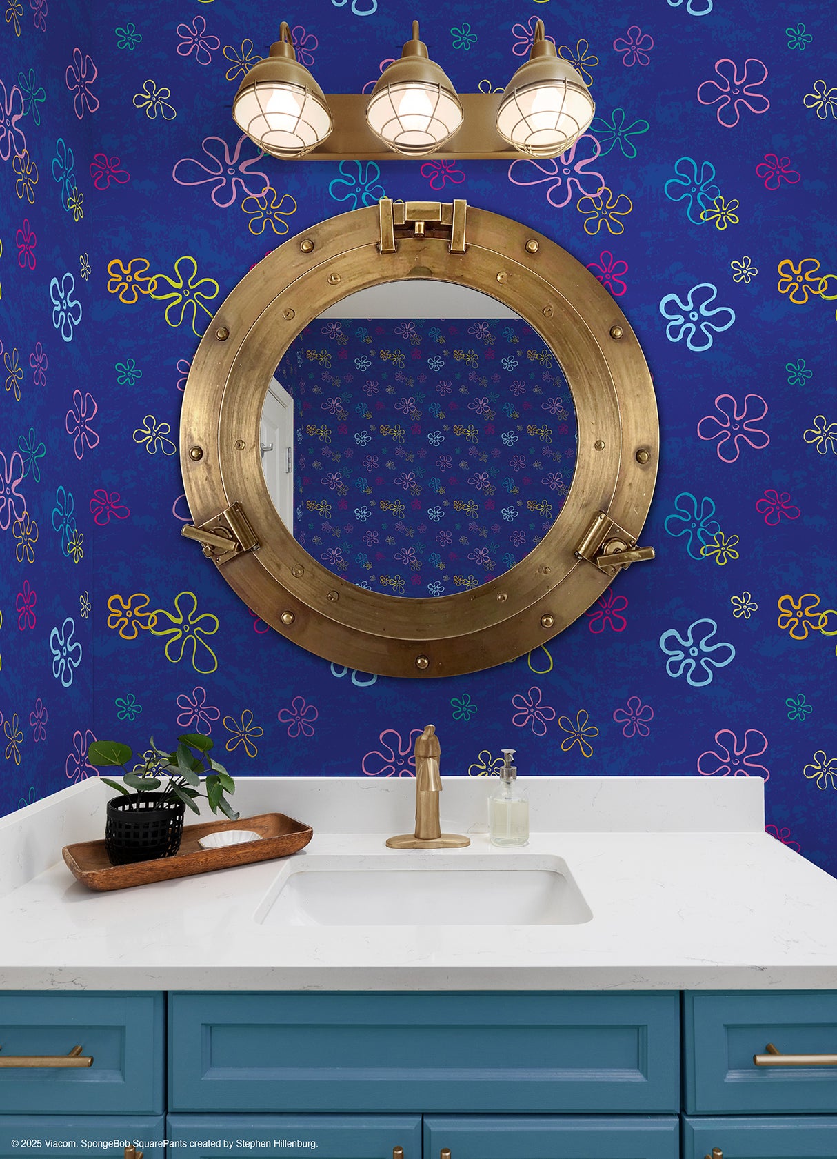 SpongeBob SquarePants Floral Blue by RoomMates Kids Licensed Bikini Bottom Signature Floating Flowers Peel and Stick Wallpaper - RMWS1369