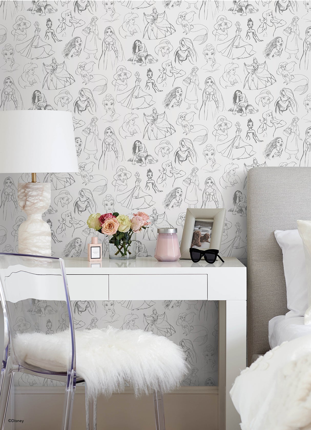 Disney Princess Sketches Charcoal by RoomMates Peel and Stick Wallpaper - RMWS1379