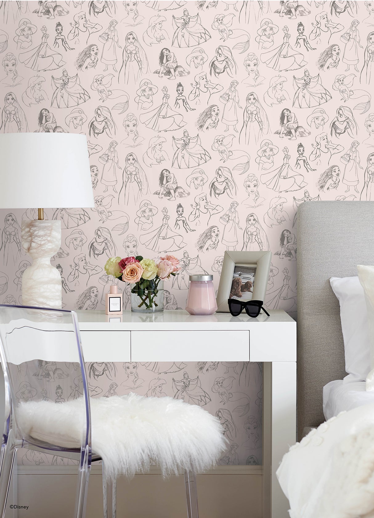 Disney Princess Sketches Pink Peel and Stick Wallpaper by RoomMates Disney Licensed Whimsical Sketch Kids Tween Bedroom Wallpaper - RMWS1381