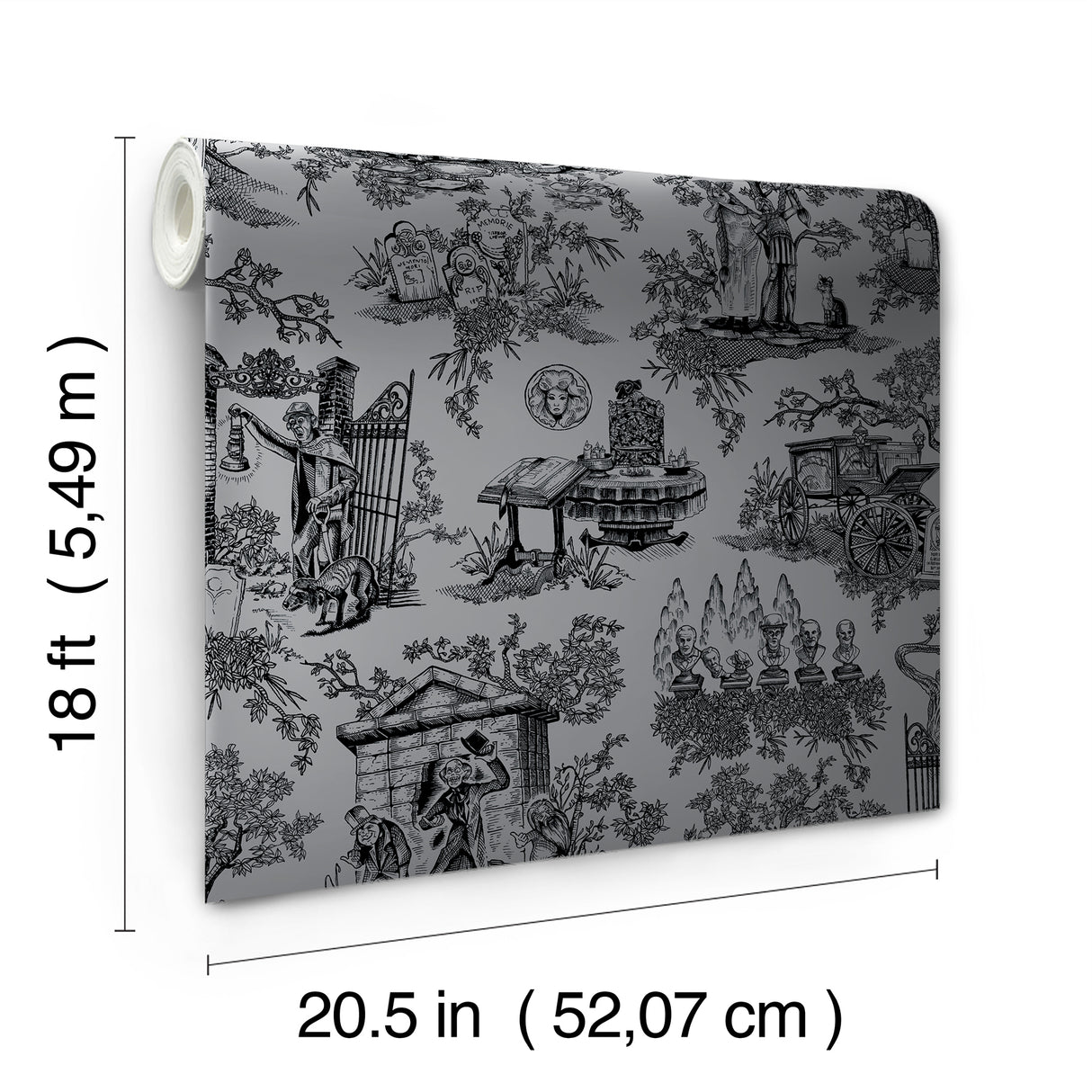 Disney Haunted Mansion Toile Black Peel and Stick Wallpaper by RoomMates - Iconic Haunted Mansion Toile with Ornate Vignettes - RMWS1389