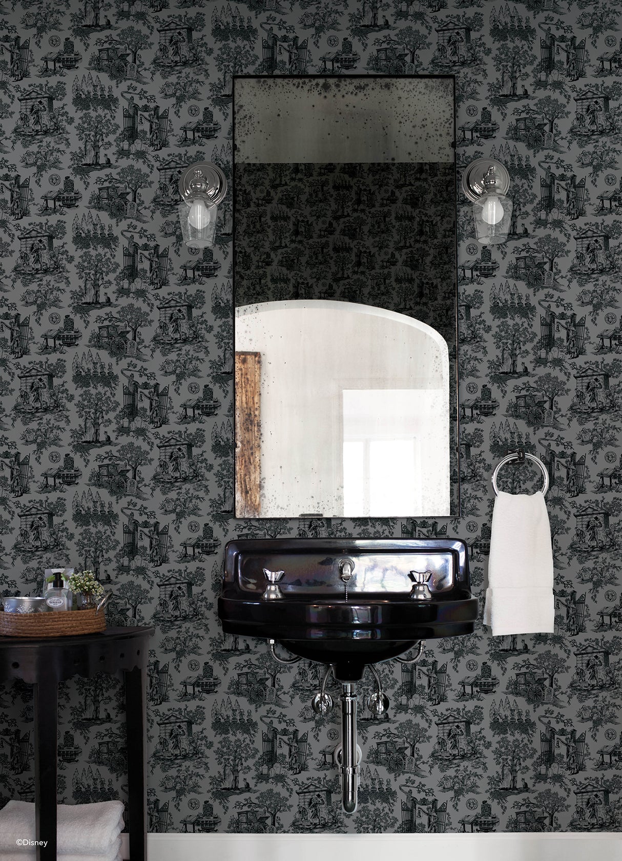Disney Haunted Mansion Toile Black Peel and Stick Wallpaper by RoomMates - Iconic Haunted Mansion Toile with Ornate Vignettes - RMWS1389