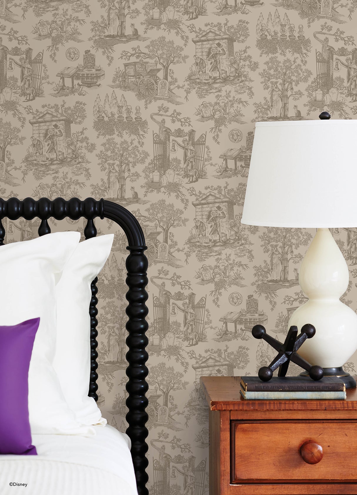 Disney Haunted Mansion Toile Taupe by RoomMates Iconic Spooky Gothic Haunted House Detailed Illustration Peel and Stick Wallpaper - RMWS1390