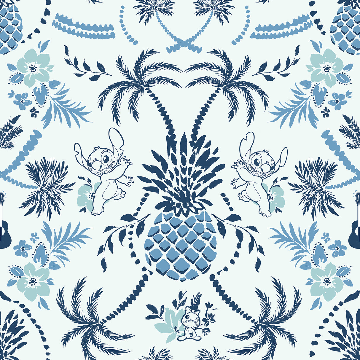 Disney Stitch Pineapple Damask Blue Peel and Stick Wallpaper by RoomMates - RMWS1393