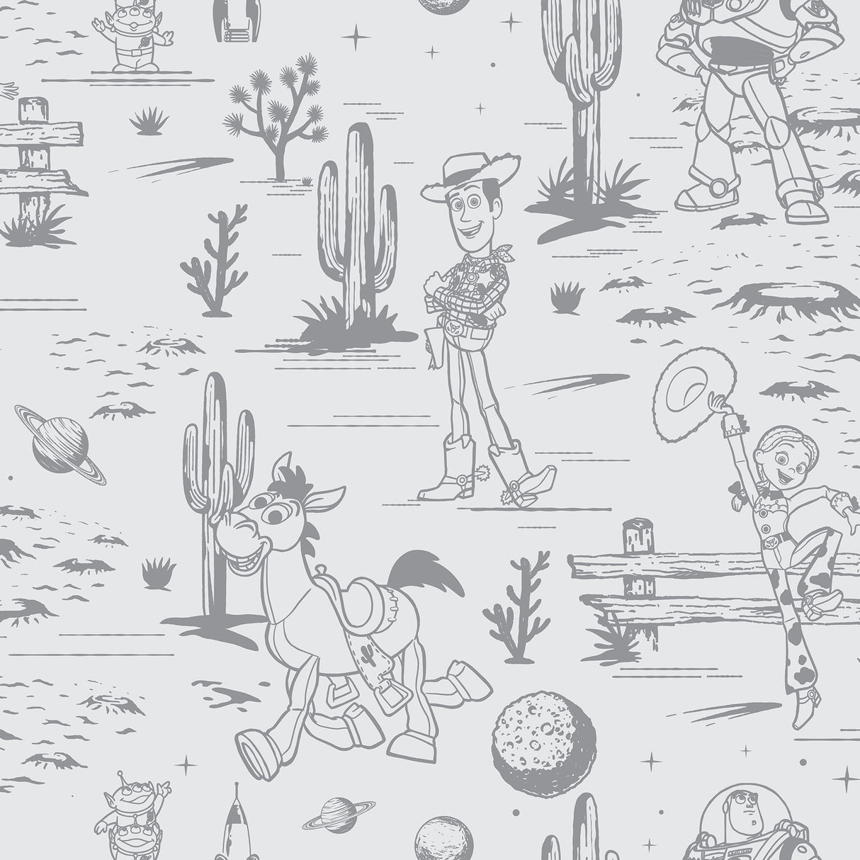 Disney Toy Story Toile Grey Peel and Stick Wallpaper close-up featuring Woody, Buzz Lightyear, Jessie, and Bullseye in a grey Western desert toile pattern by RoomMates