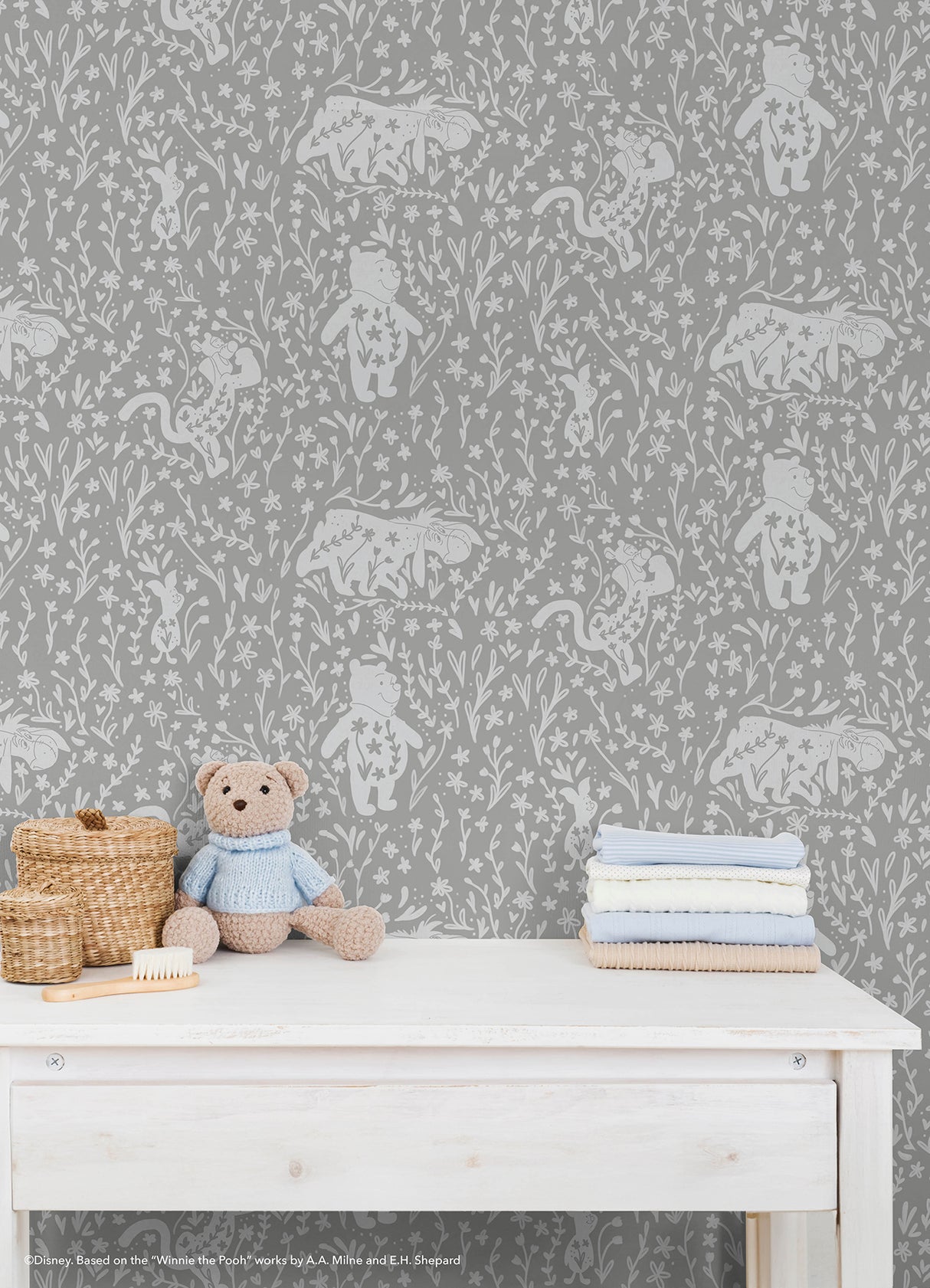 Disney Winnie the Pooh Block Print Grey by RoomMates Peel and Stick Wallpaper Kids Nursery Fully Removable Whimsical Character Decor - RMWS1400