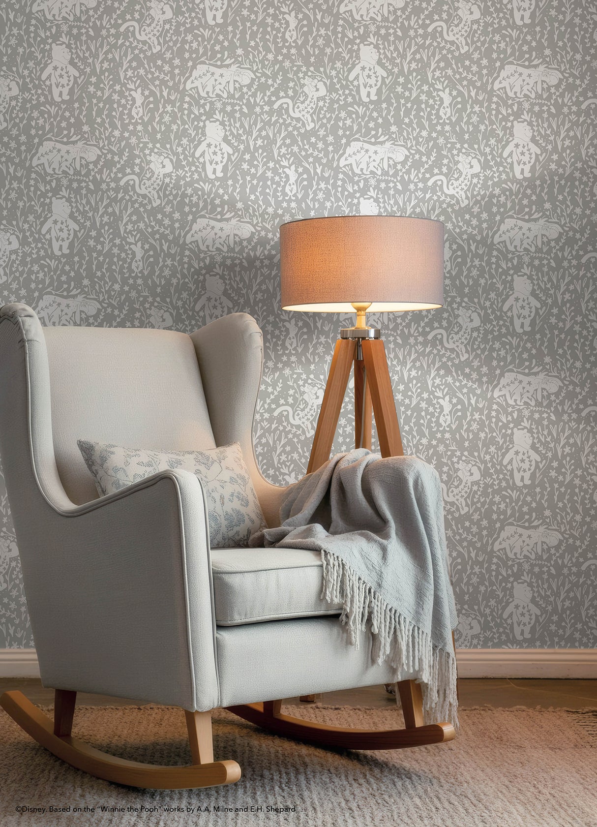 Disney Winnie the Pooh Block Print Grey by RoomMates Peel and Stick Wallpaper Kids Nursery Fully Removable Whimsical Character Decor - RMWS1400