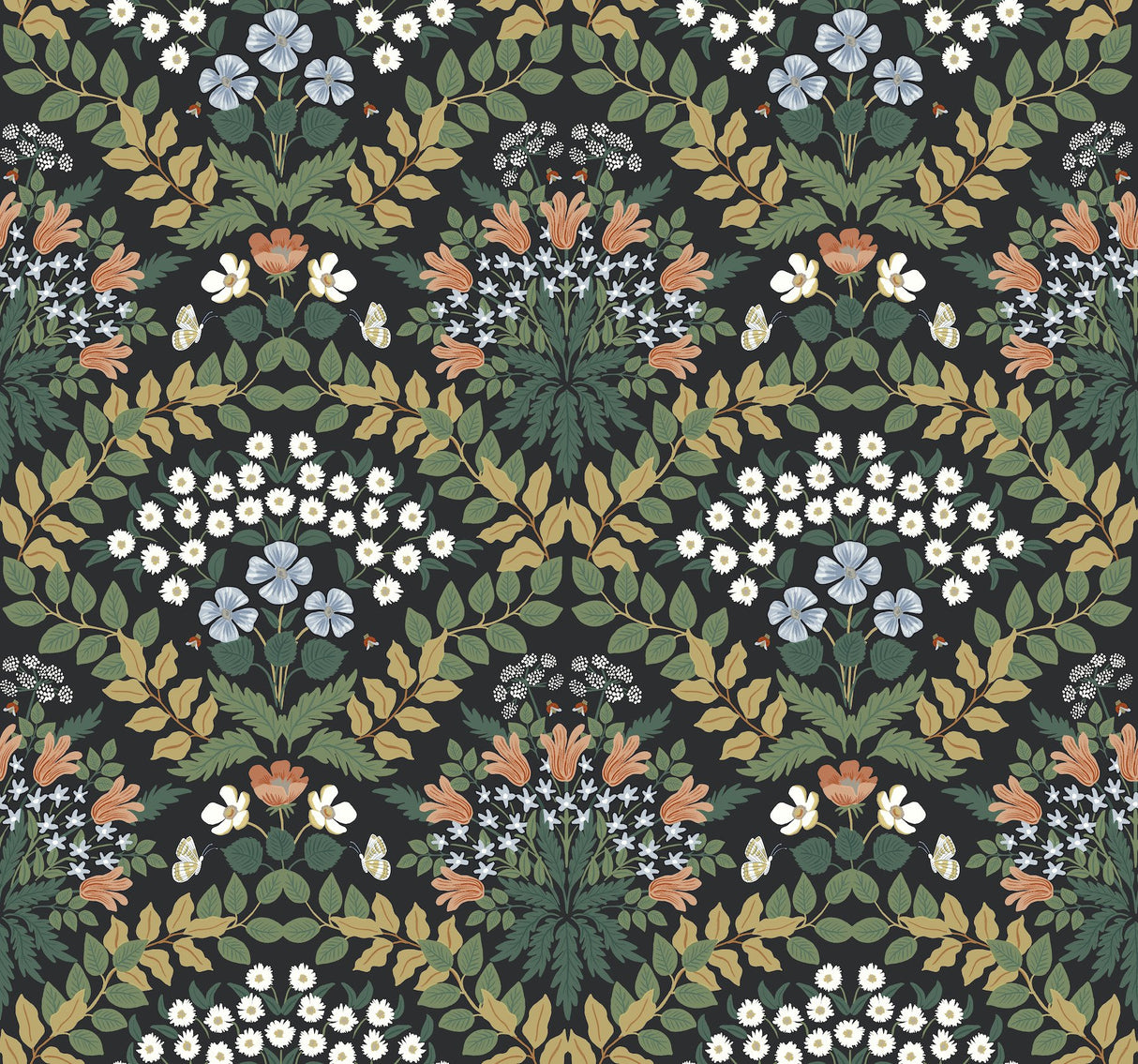 Bramble Black & Green Wallpaper with Botanical Art Nouveau Floral Motif - York RP7318