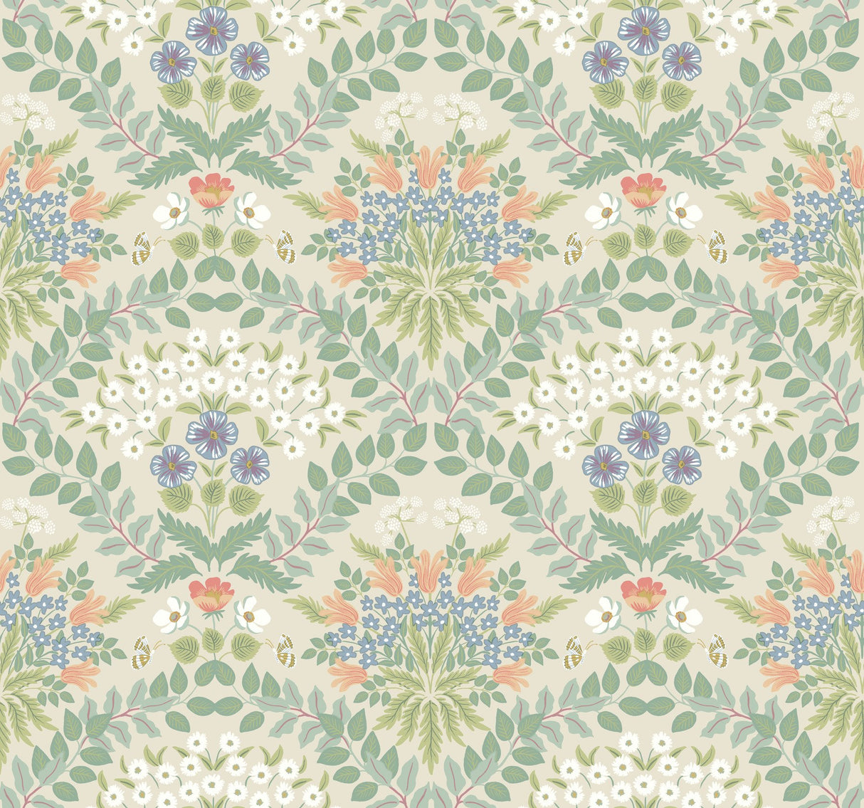 Bramble Beige & Green Wallpaper with Botanical Floral Motif - York RP7321