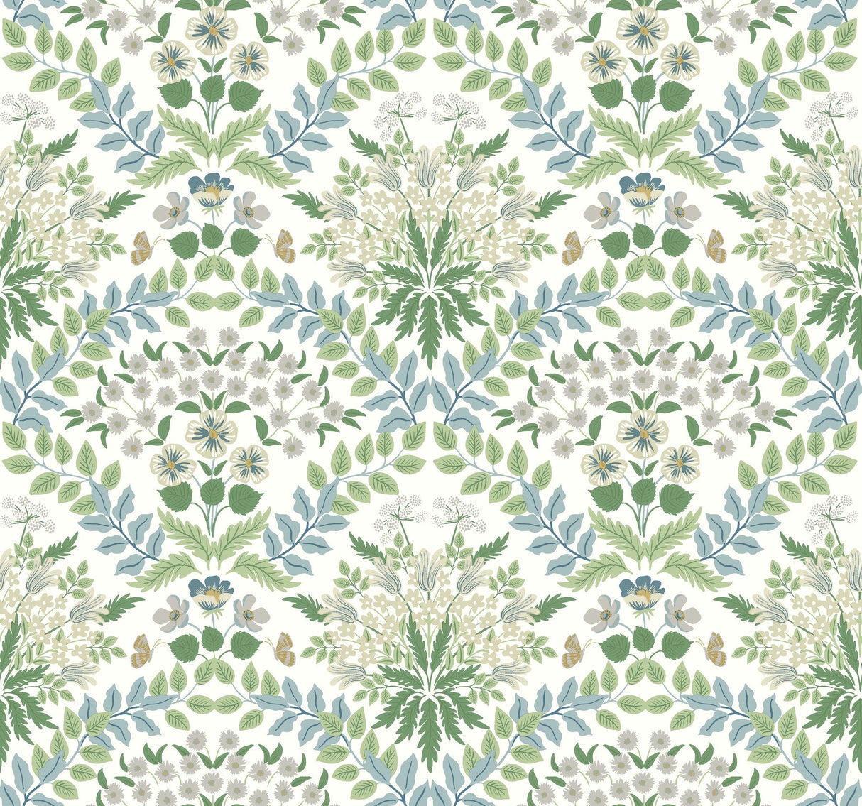 Bramble White & Blue Wallpaper with Botanical Floral Damask - York RP7323