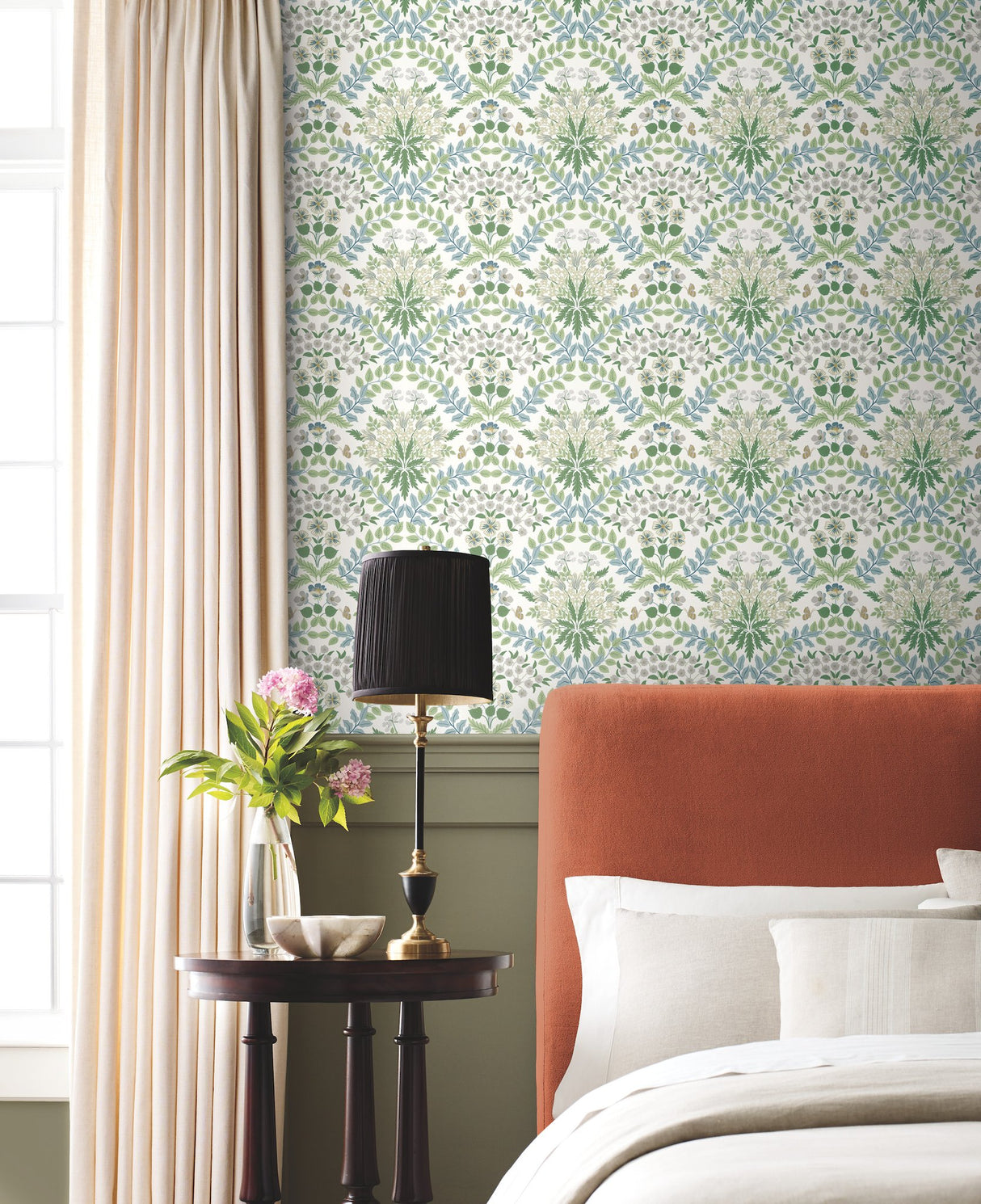 Bramble White & Blue Wallpaper with Botanical Floral Damask - York RP7323