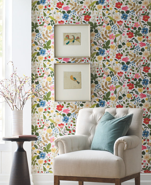 Strawberry Fields White & Red Wallpaper with Whimsical Floral and Butterfly Motif - York RP7354