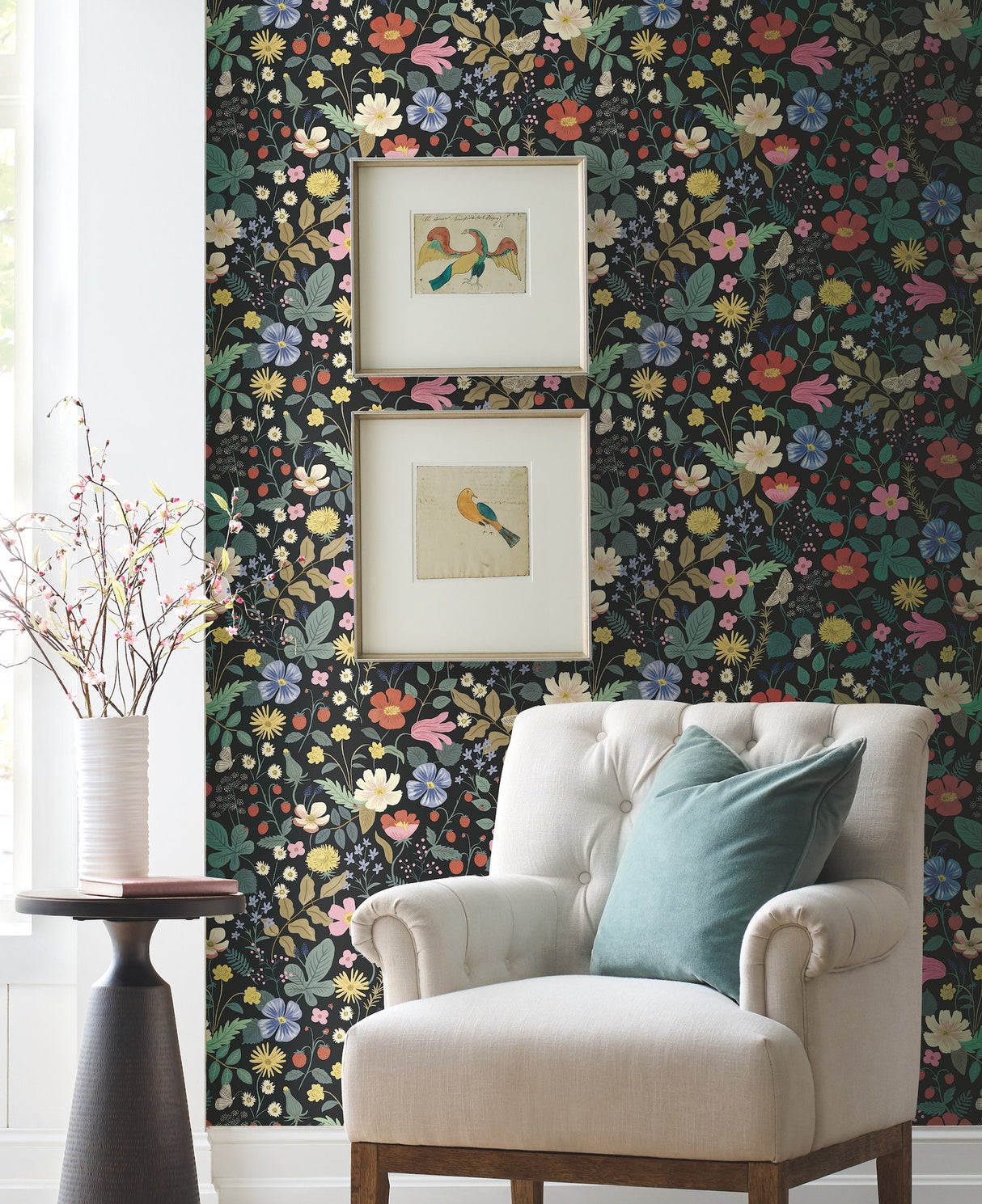 Strawberry Fields Black & Green Wallpaper with Whimsical Floral and Butterfly Motif - York RP7355