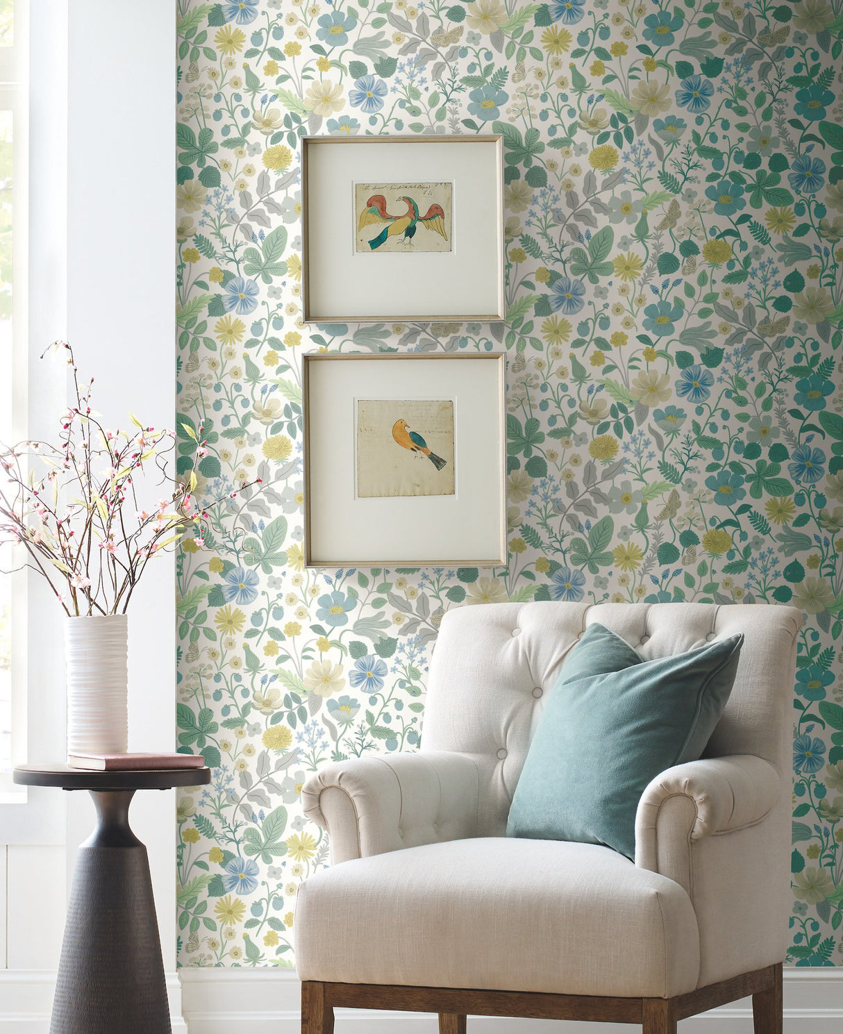 Strawberry Fields White & Green Wallpaper with Floral and Butterfly Motif - York RP7357