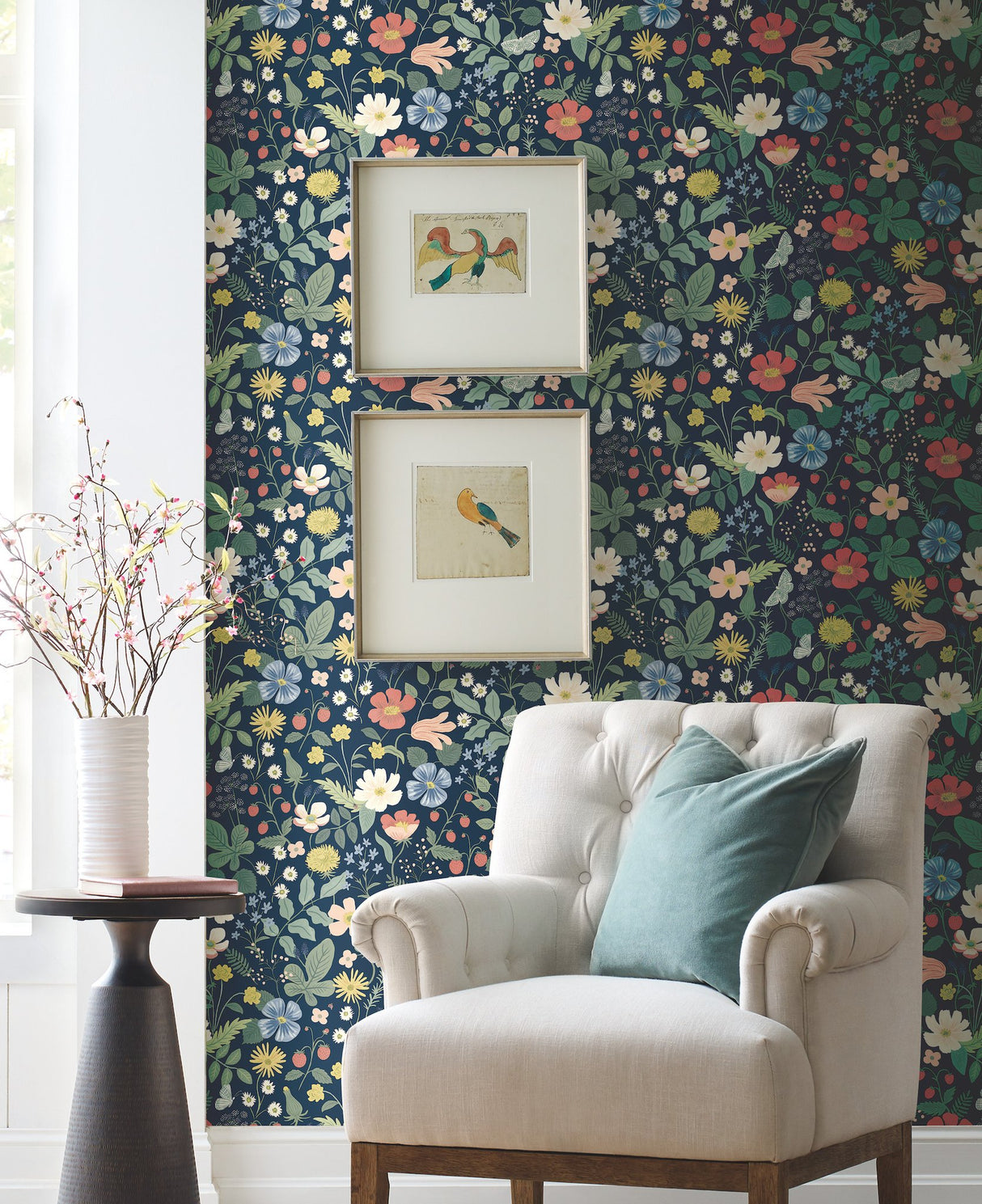 Strawberry Fields Blue & Pink Wallpaper with Whimsical Floral and Butterfly Motif - York RP7358