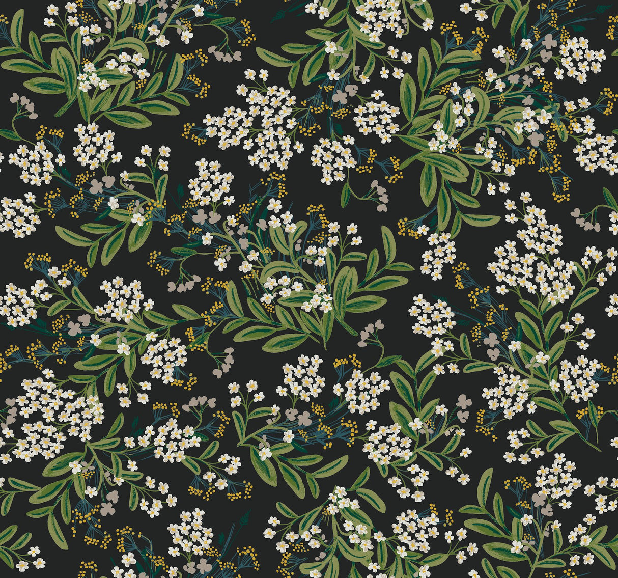 Cornflower Black & Green Wallpaper with Botanical Floral Motif - York RP7384