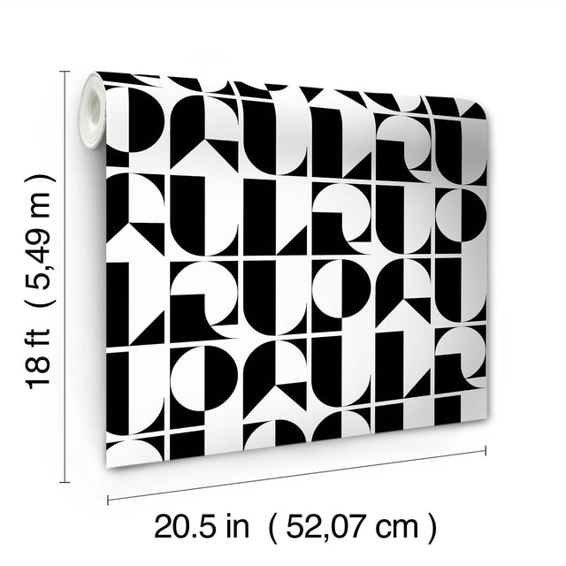 RuDeco Black Peel & Stick Wallpaper with Art Deco Geometric Lettering - RPS6139