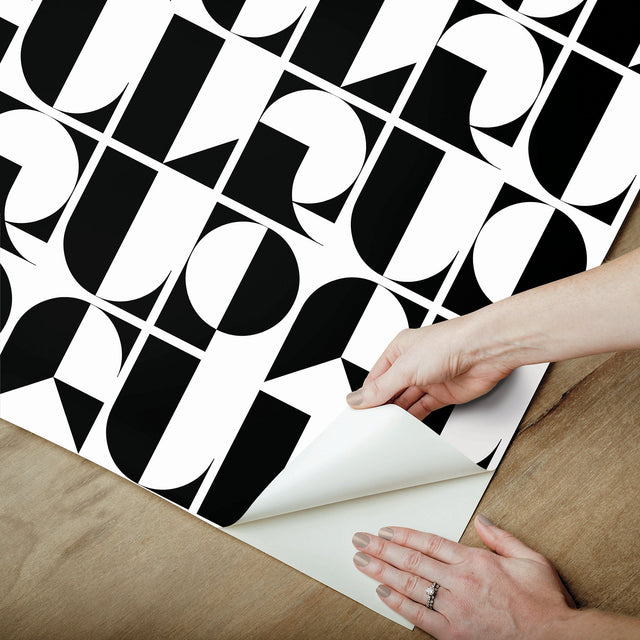 RuDeco Black Peel & Stick Wallpaper with Art Deco Geometric Lettering - RPS6139