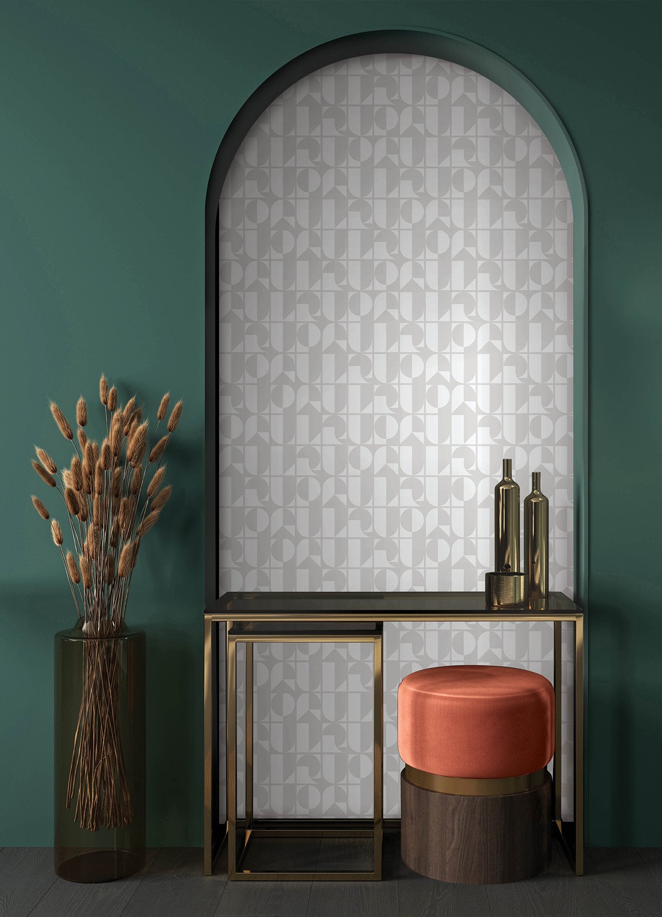 RuDeco Ghost Grey Peel & Stick Wallpaper with Art Deco Geometric Lettering - NuWallpaper RPS6140