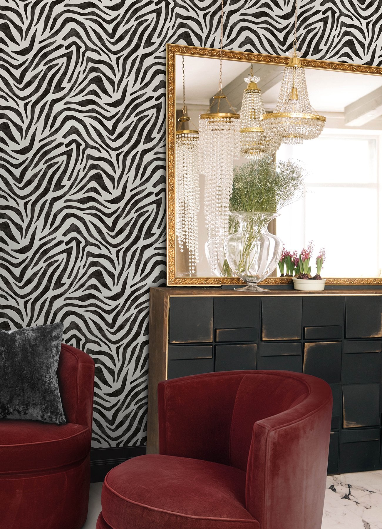 RuZebra Black Peel & Stick Wallpaper with Glam Zebra Print - RPS6141