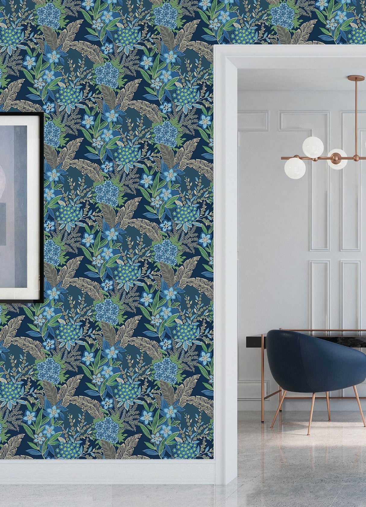 RuJardin Azure Blue Peel & Stick Wallpaper with Botanical Floral Motif - NuWallpaper RPS6145
